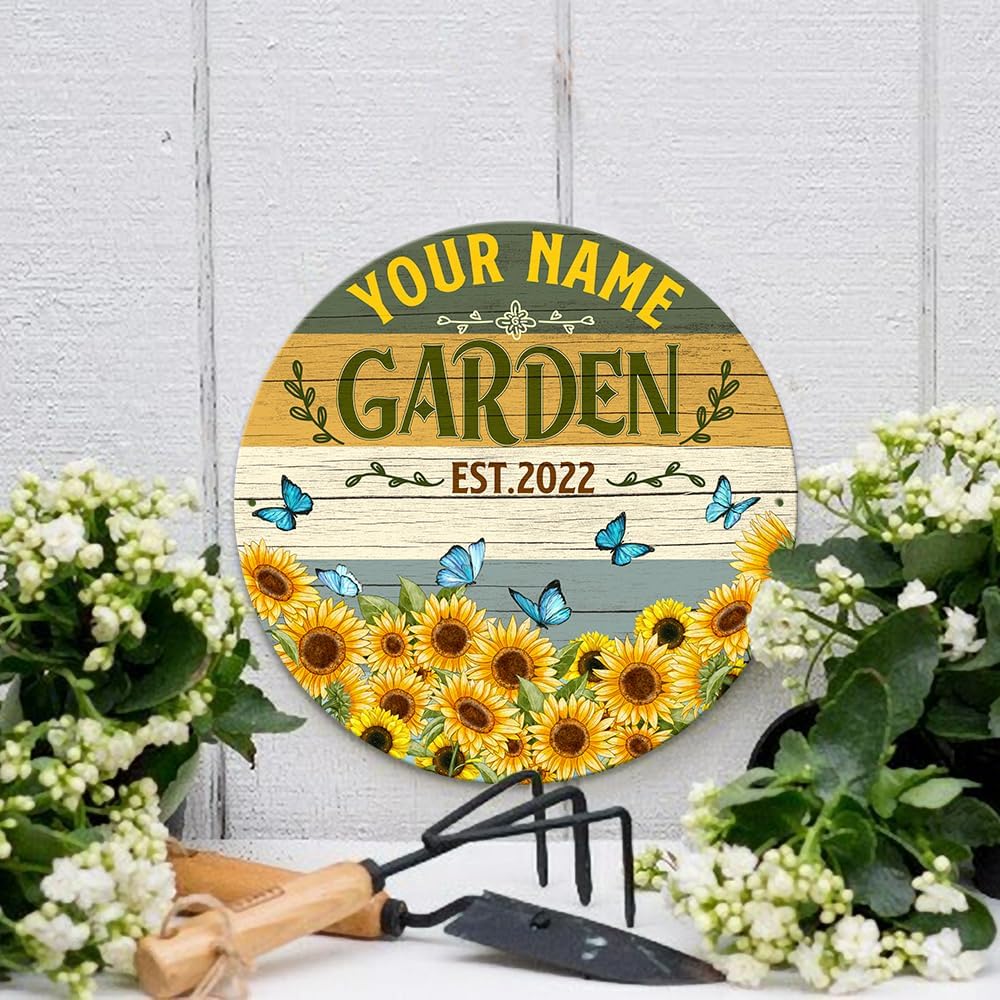 MeMate Metal Garden Signs - Personalized Garden Signs Outdoor Decor - Custom Name Year Metal Sign for Garden, Potting Shed with Flower - Sunflower Vintage Garden Sign - Custom Sign Plaque for Garden Decoration