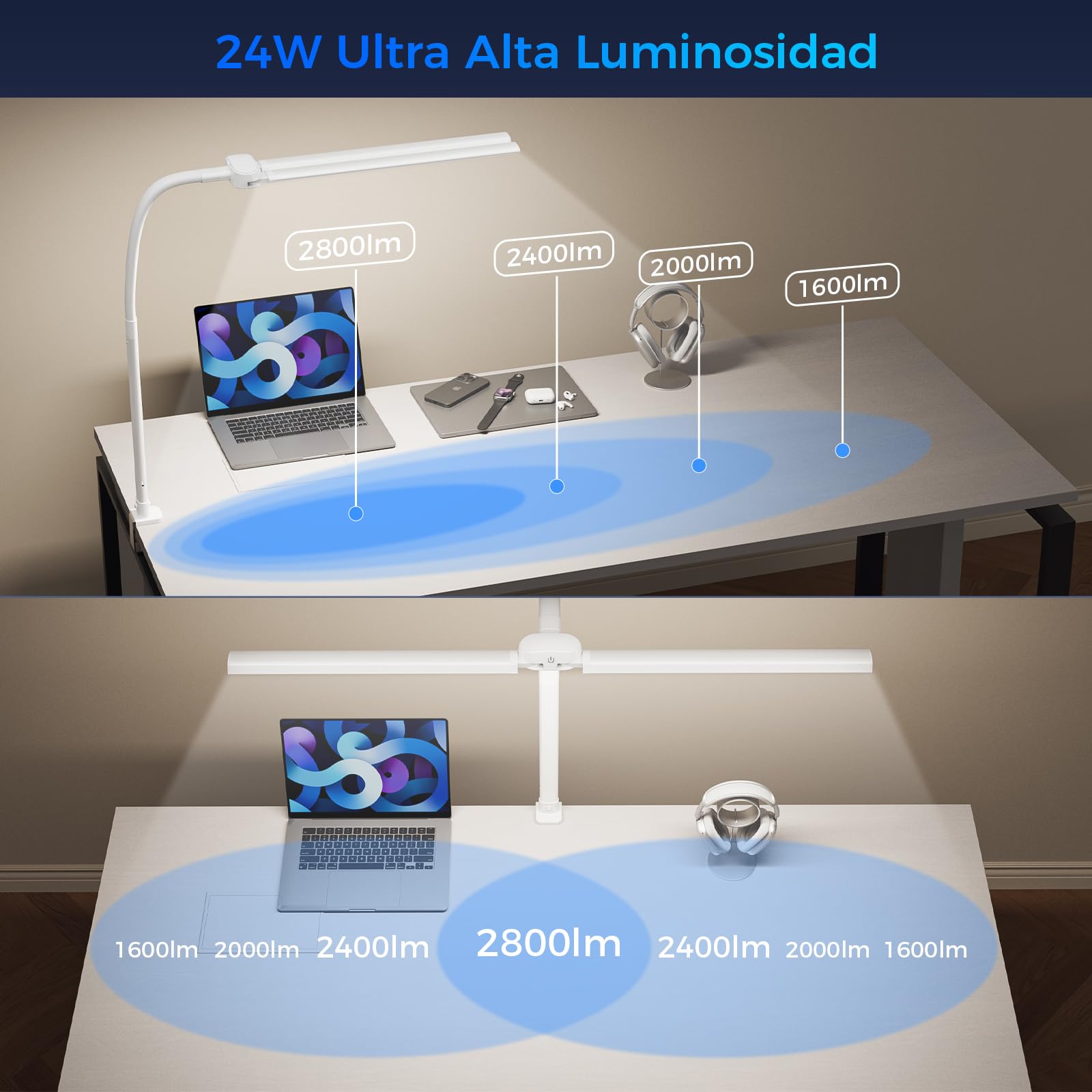 W01 Lampara de Escritorio de LED con Control Remoto - 24W 1400LM 80CM Flexo LED Escritorio con Pinza Luz Leer Puerto de carga USB para Estudiar, Oficina, Blanco