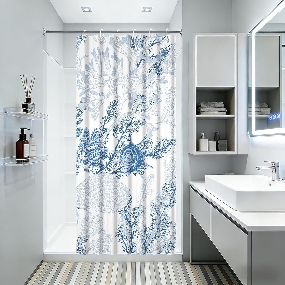 Yeele Elegant Coastal Coral Seashell Shower Curtain, Blue Nautical Marine Life Bathroom Decor Set, Waterproof Machine Washable Fabric Curtain with Hooks for Bathtub 36x72 Inch