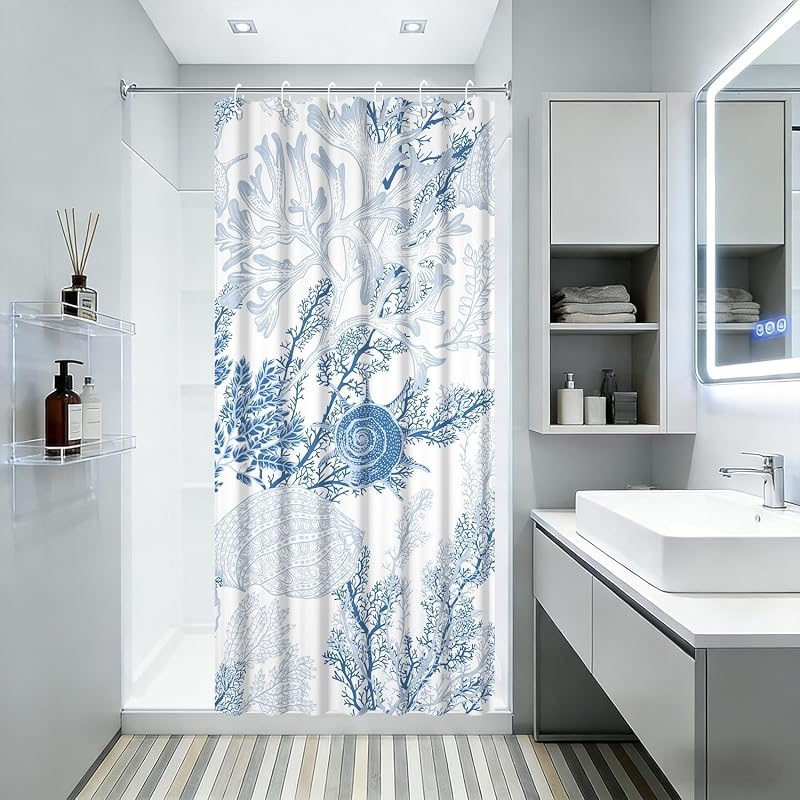 Yeele Elegant Coastal Coral Seashell Shower Curtain, Blue Nautical Marine Life Bathroom Decor Set, Waterproof Machine Washable Fabric Curtain with Hooks for Bathtub 36x72 Inch