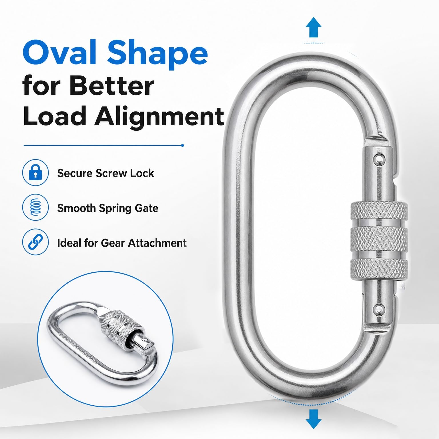 Heavy-Duty Stainless Steel Carabiner Clip – 10MM Oval Spring Snap Hook with Secure Screw Lock for Camping, Hiking, Outdoor Gear, and Utility Use 1