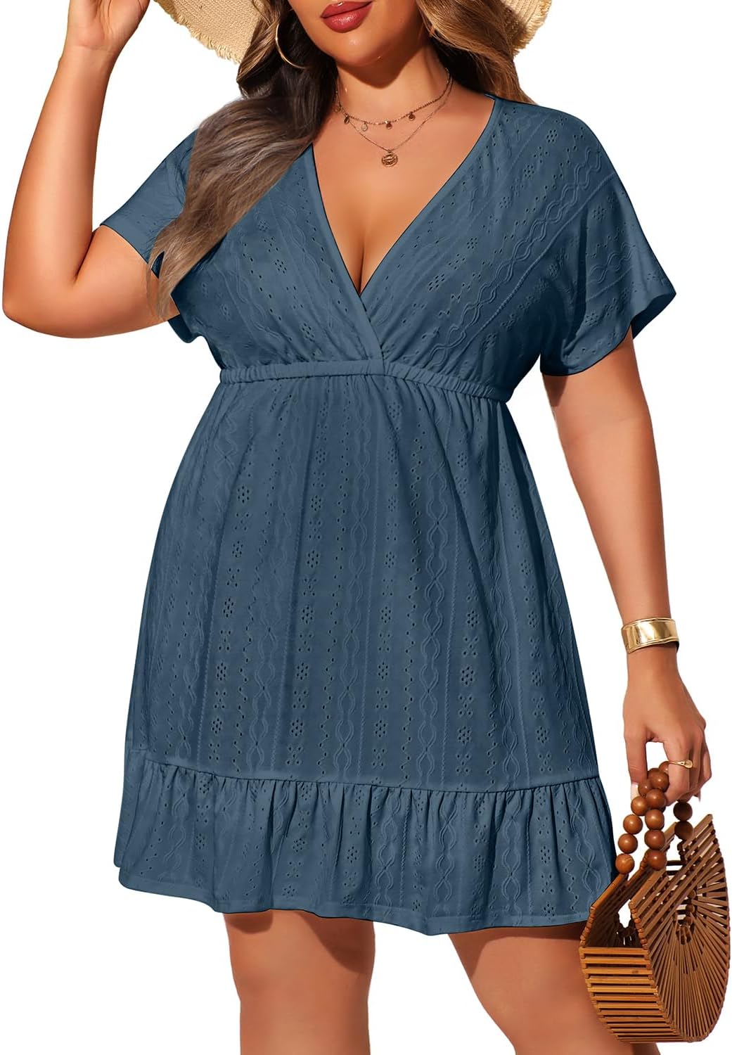 Yonique Plus Size Swimsuit Cover Up Women - V Neck Swimwear Short Sleeve Coverups Ruffle Hem Beach Dress 2026