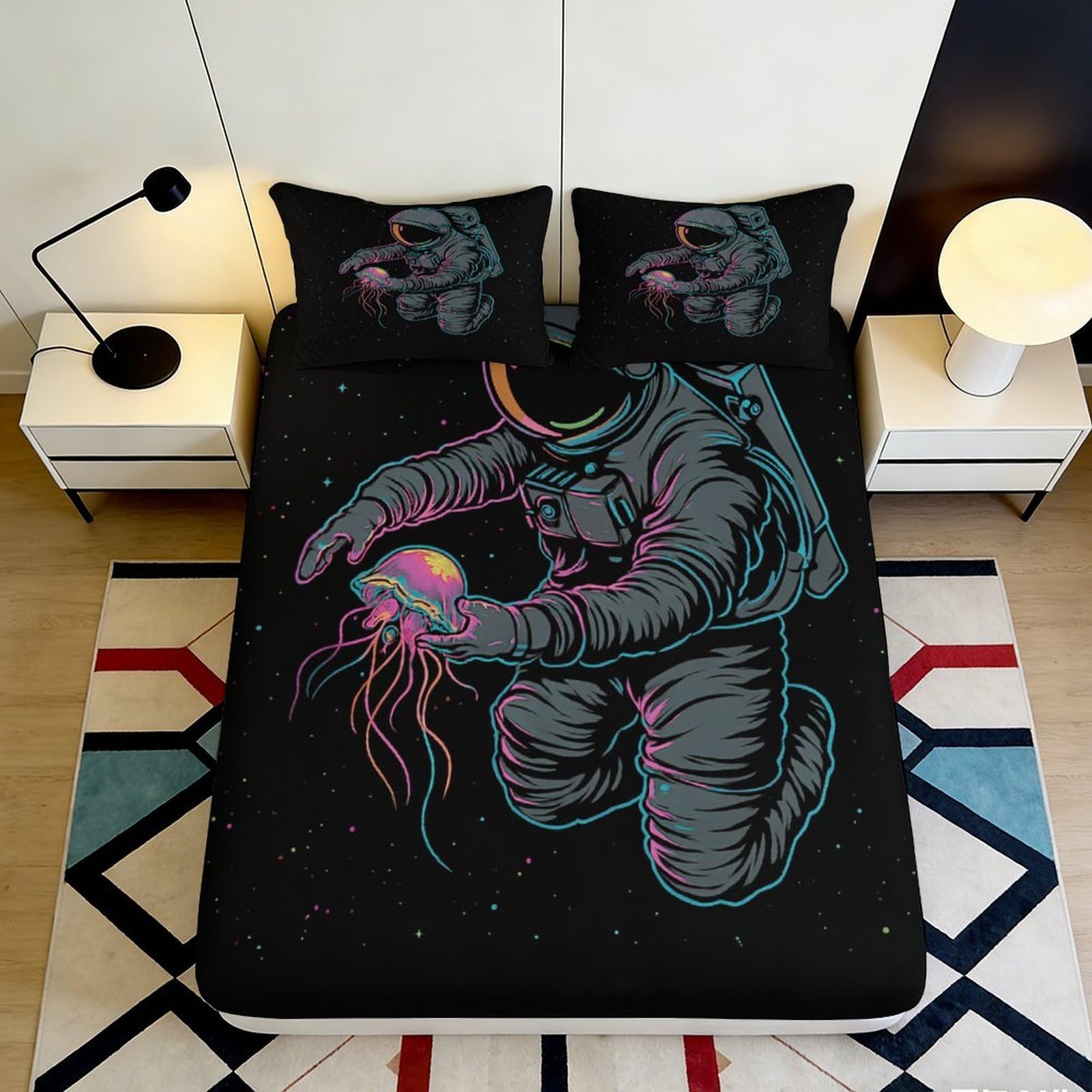 3D Printed Astronaut Jellyfish Fitted Sheet Microfiber Soft Breathable Space Design Bed Cover for Bedroom Dormitory Guest Room Mattress Protection 120x200x25cm
