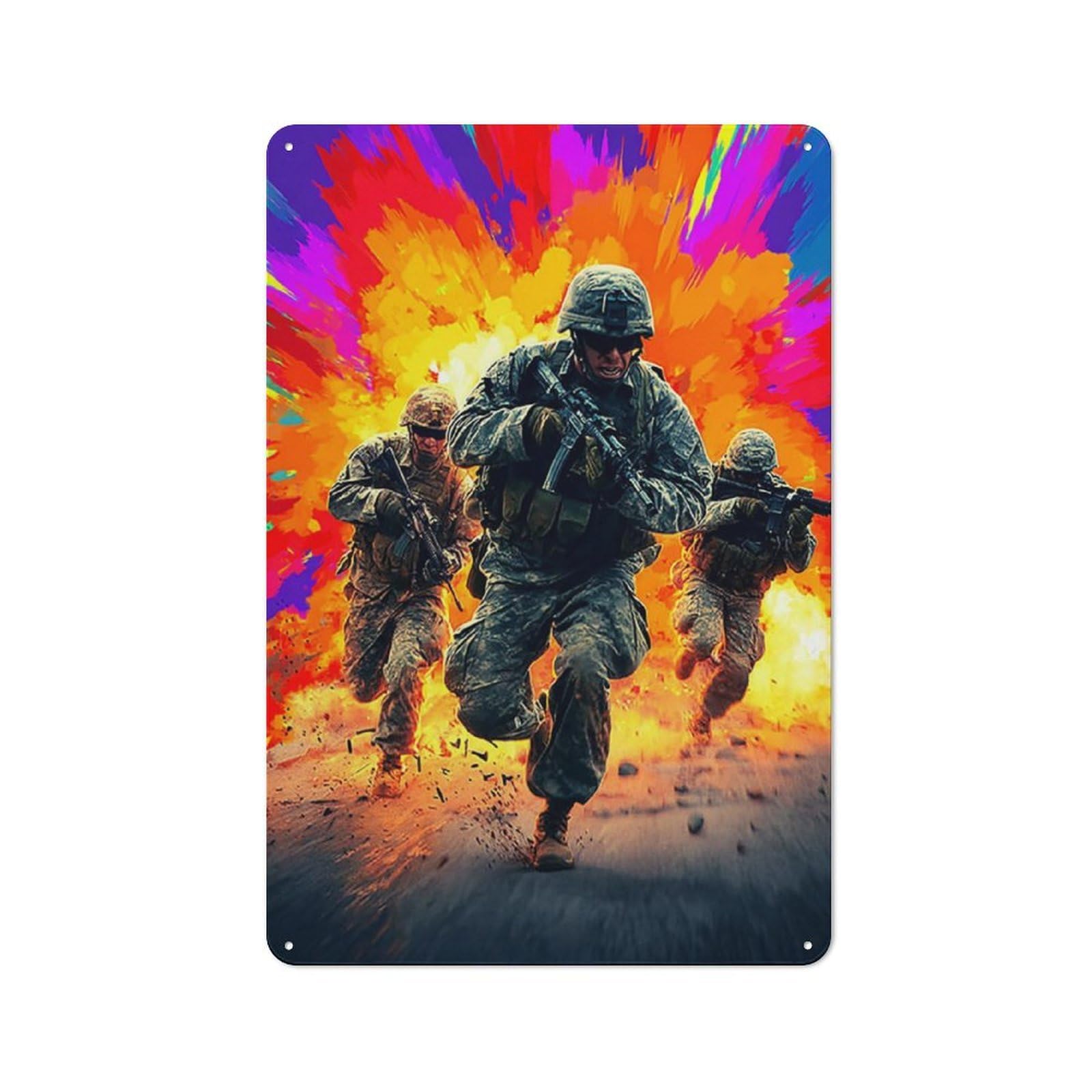 Junmoney Troops In Action Amidst Explosive Background Character Decorative Tin Plaque 30X20cm Featuring -1, Small Space Decor For Bedroom, Kitchen, Office Or Living Room