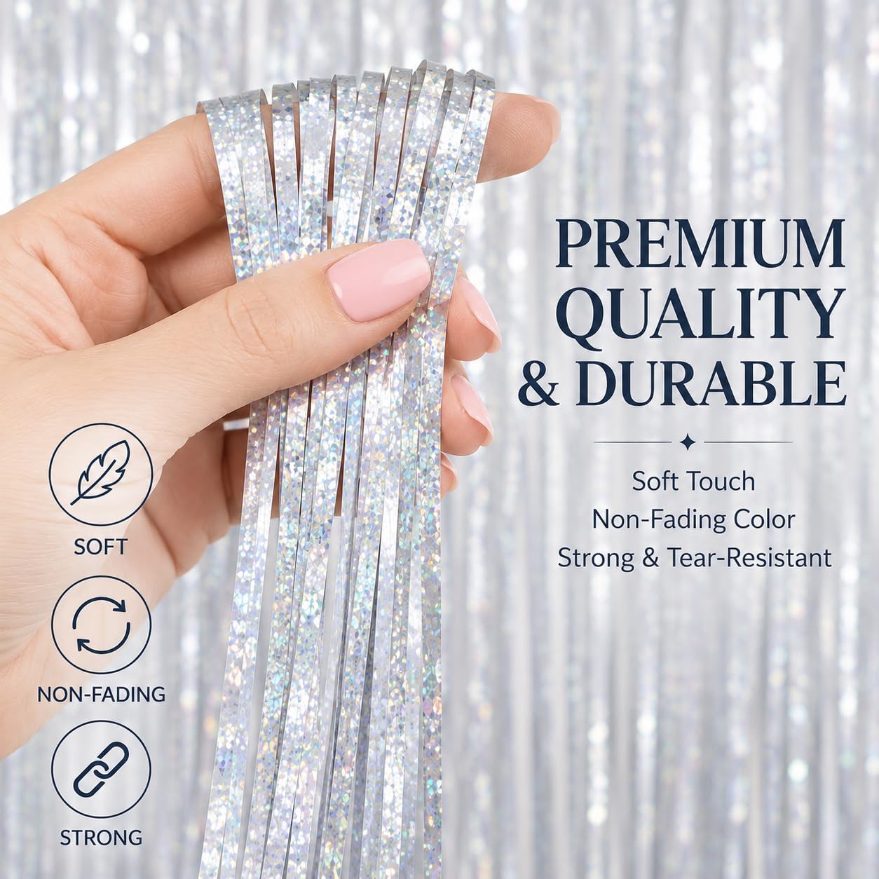 Pack of 2 Tinsel Curtains, Metallic Tinfoil Lead Tinsel, Party Curtain Photo Background, Bright Colourful Photo Booth Accessories, Foil Streamers Decoration for Celebrations, Party, Silver