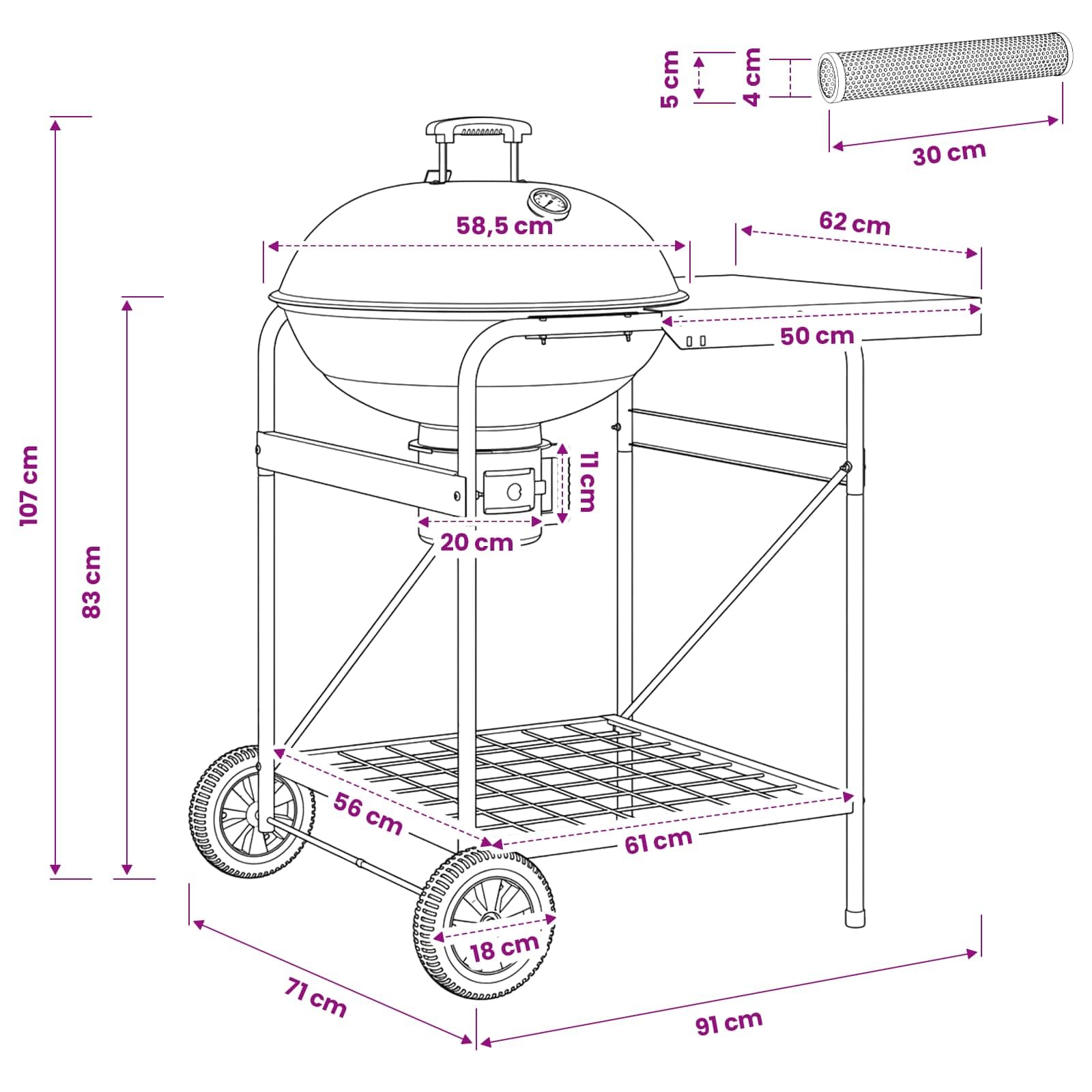 Barbacoa de carbón vegetal con tubos de incienso 91 x 71 x 107 cm acero negro | Calentador de leña, tubos de incienso de acero inoxidable 5 x 5 x 30 cm, termómetro integrado, ruedas de 18 cm
