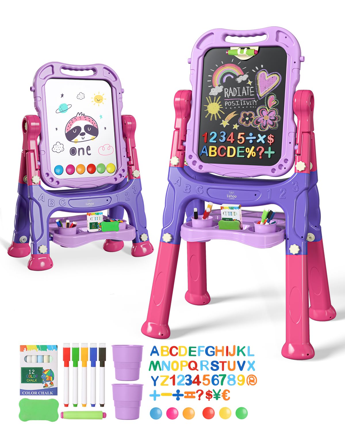Cavalletto Per Bambini Lehoo Castle 4 In 1 - Doppio Lato Lavagna E Lavagna Bianca - Regolabile In Altezza Con Accessori