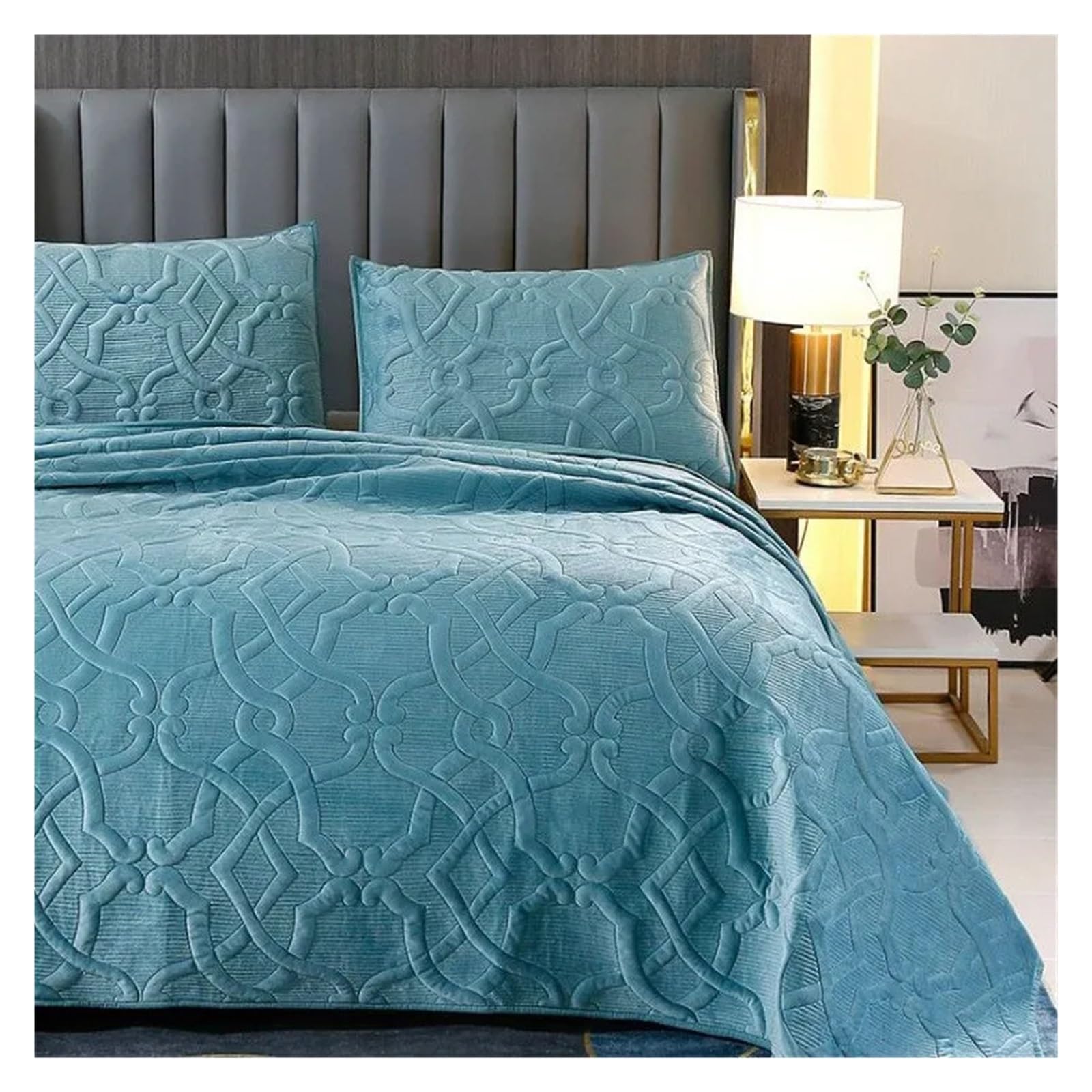Qin Ying-US Bed Sheets Set, Dark Brown Quilt Set Geometric Pattern Stitched Bedspread Quilted Fleece Velvet Plush Bedspread Soft Bed Coverlet 2Pillow shams(B,224X234cm 3)