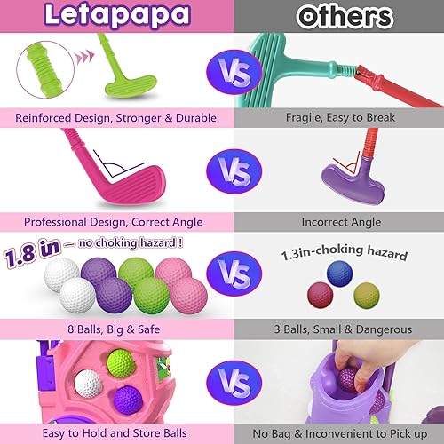 Miniatura 4 de Letapapa Juego de golf para niños pequeños con tapete de puting, 4 palos, 8 bolas, 2 agujeros de práctica para niños de 3 a 5 años, juguetes