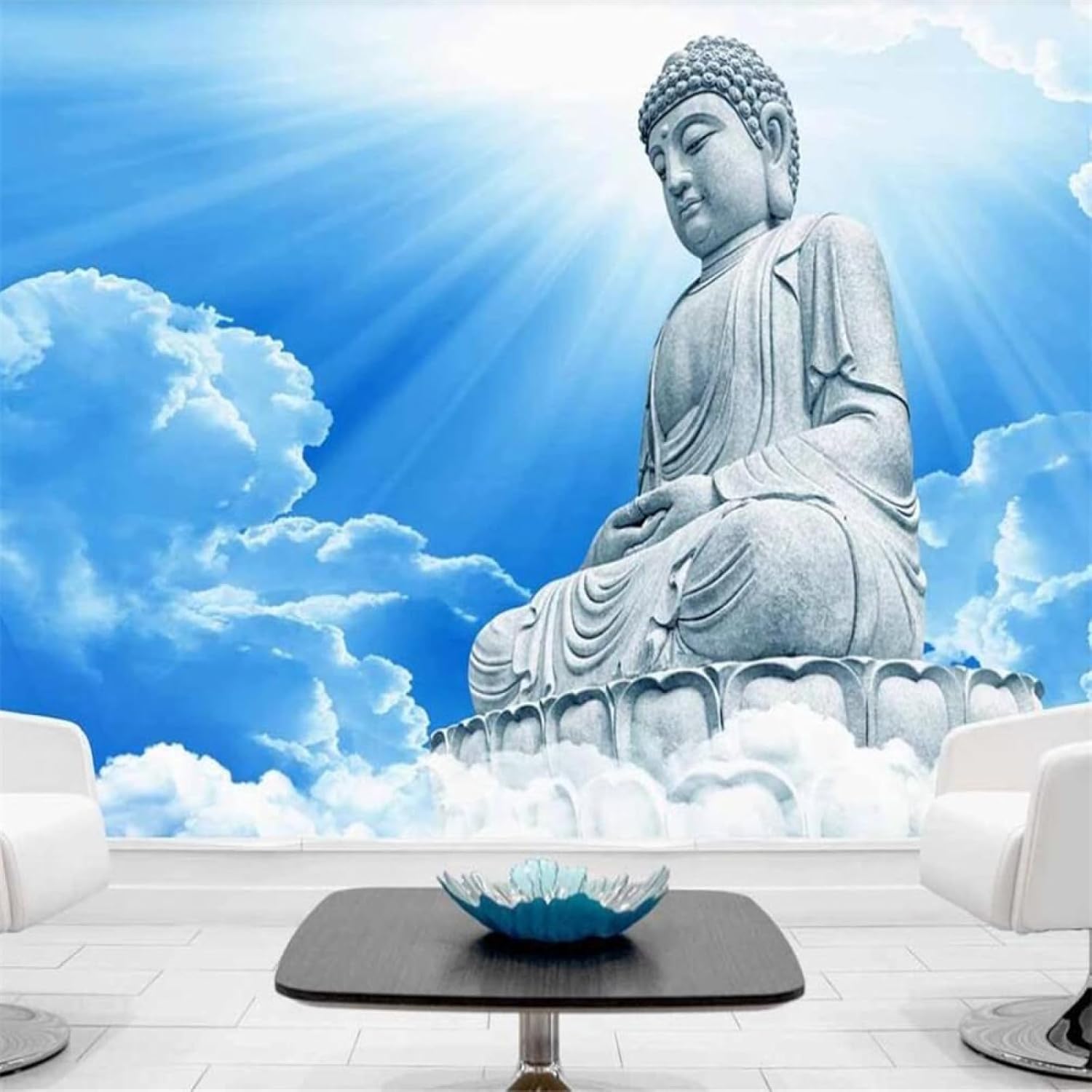 Papier peint Bouddha 3D trompe l'oeil ciel bleu nuages blancs salon chambre XLMING