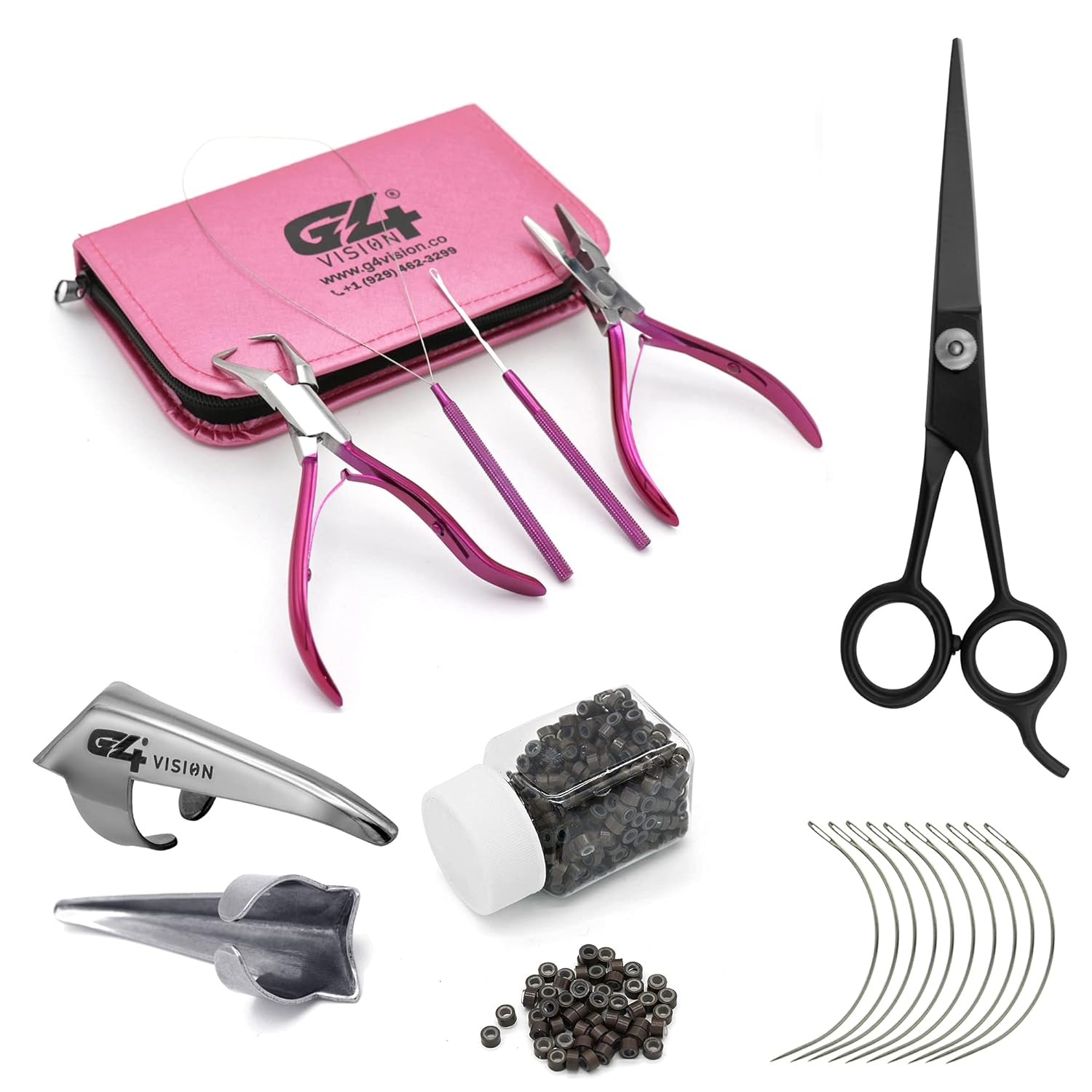 G4 VISION Professional Hair Extension & Beading Tool Kit - 4 Piece Set (Light Blonde Beads) - I-Link Micro Ring Loop Needle Pulling Hook Threader Wire for Silicone Rings