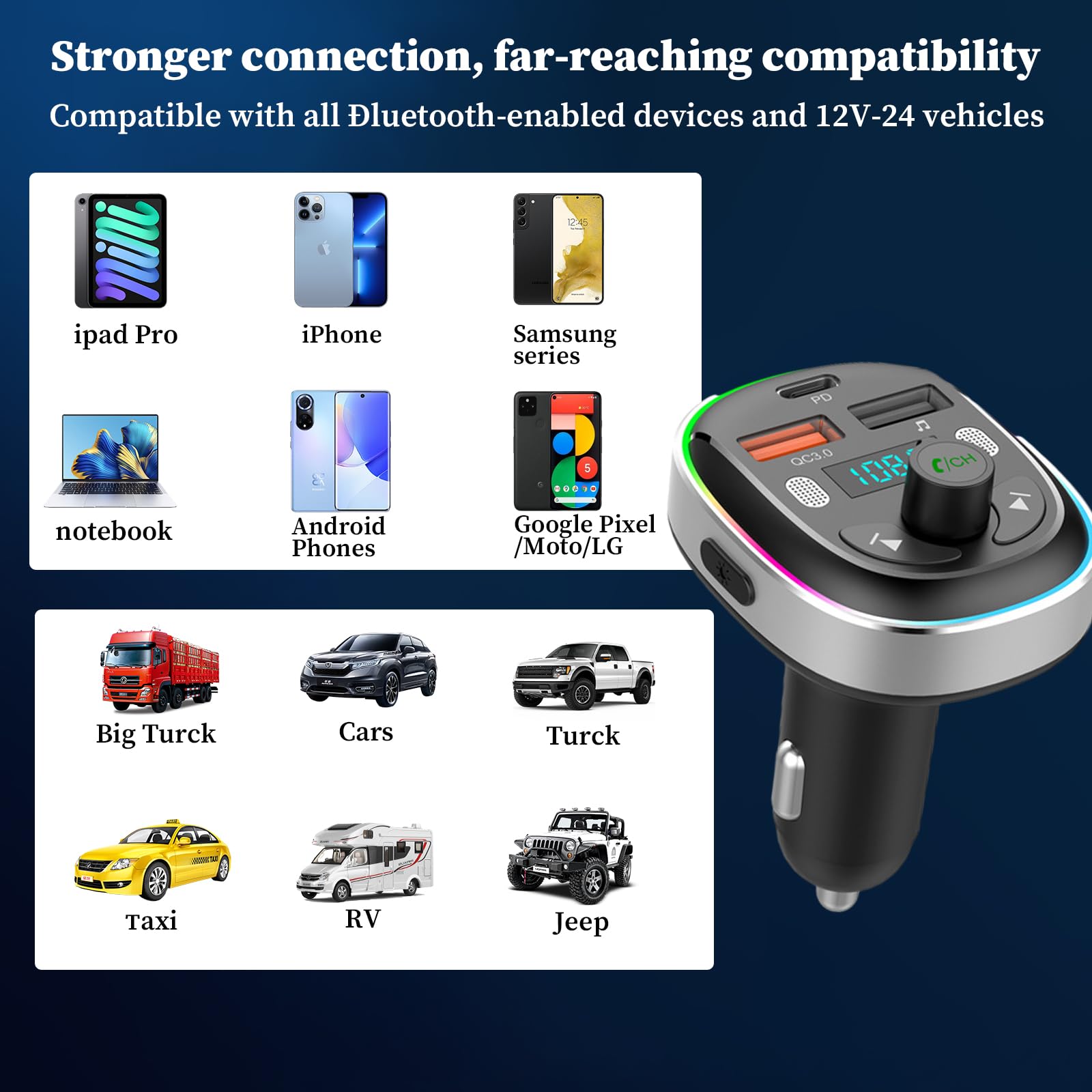 Trasmettitore FM Bluetooth 5.3 Per Auto - Con Caricabatteria QC3.0 E Doppia Porta USB | Supporta TF E USB - Foto 11