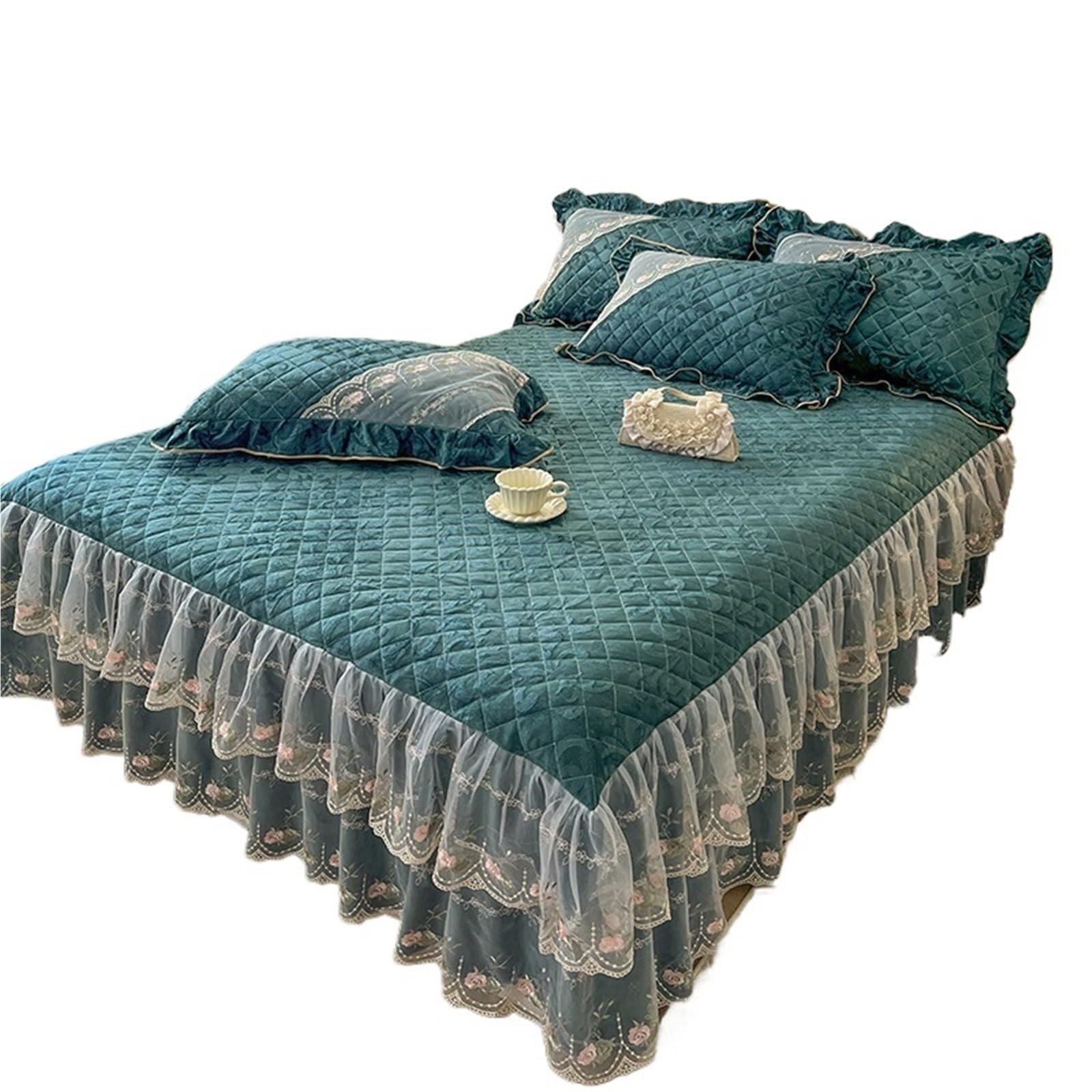 Gold Yellow, Beige, Pink, Jacquard Velvet Lace Ruffles Bedspread, Quilted Embroidery Bed Skirt, Mattress Cover(Green,180X200cm 3pcs)