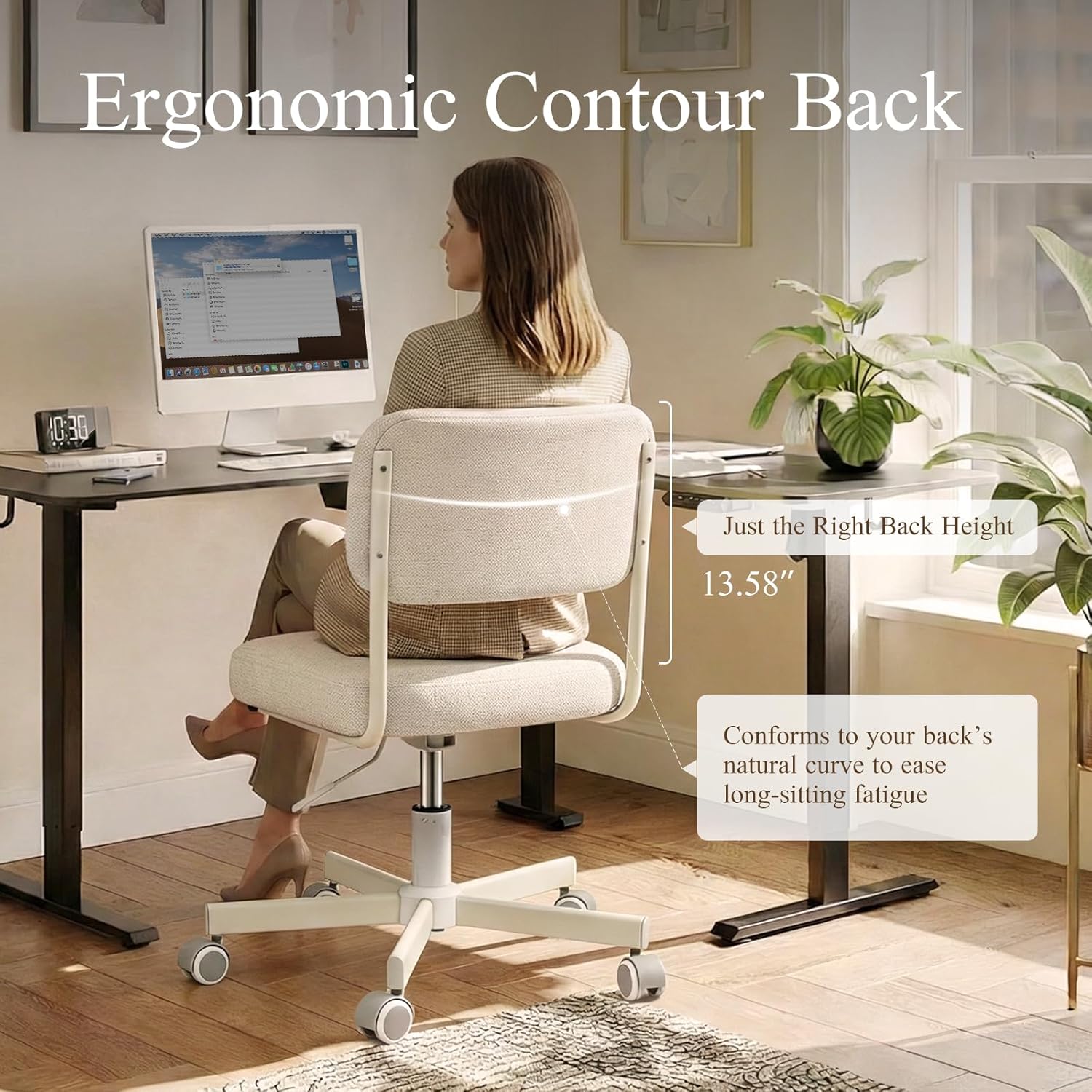 Vanity Chair with Back, Modern Armless Fabric Office Chair, Silent Wheels, Height Adjustable Swivel Desk Chair, Compact for Bedroom, Study, Dressing Room White