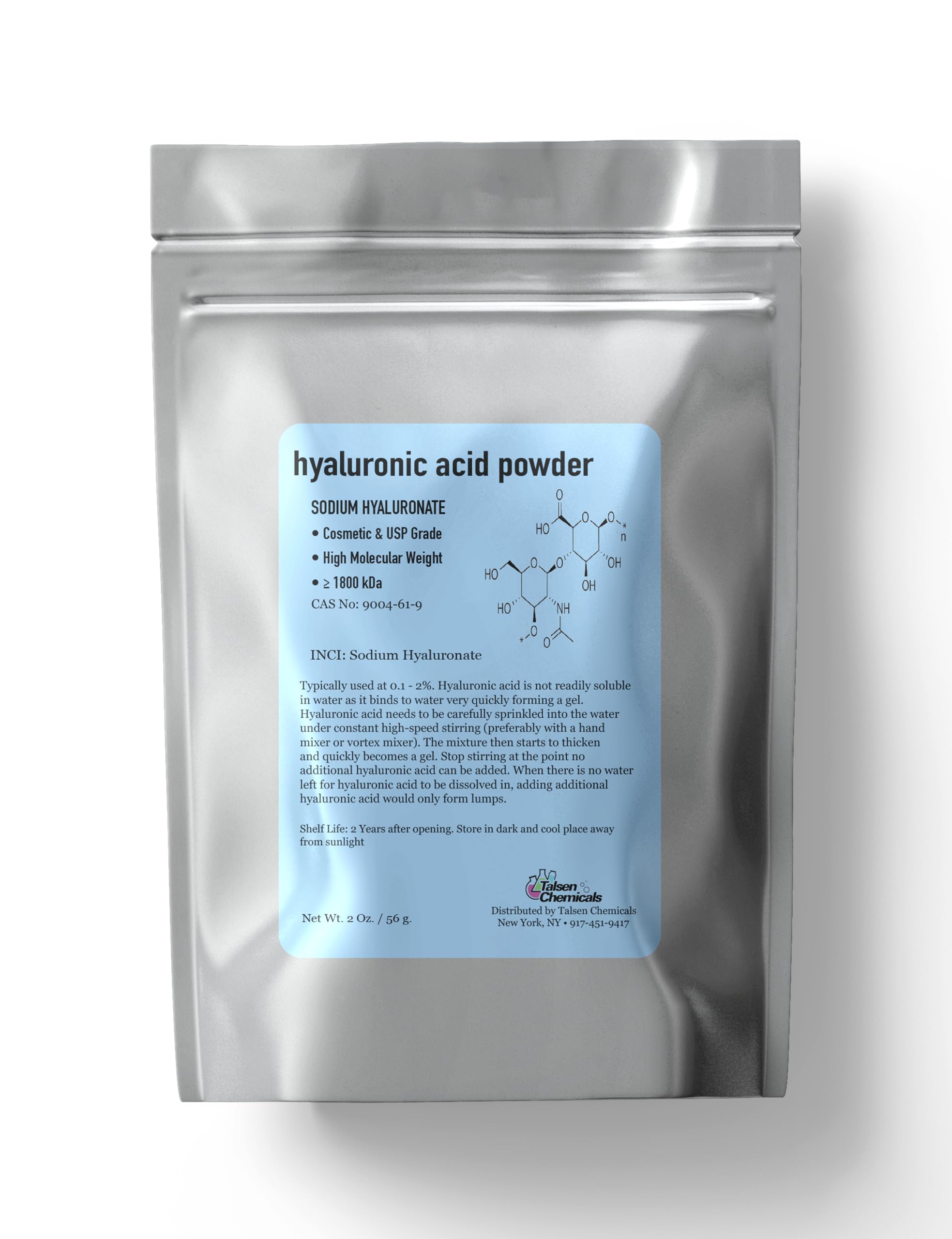 Pure Hyaluronic Acid Powder (2 oz. / 56 grams) 1800 kDa+ Natural Cosmetic Grade, High Molecular Weight Powder, DIY Hyaluronic Acid Serums