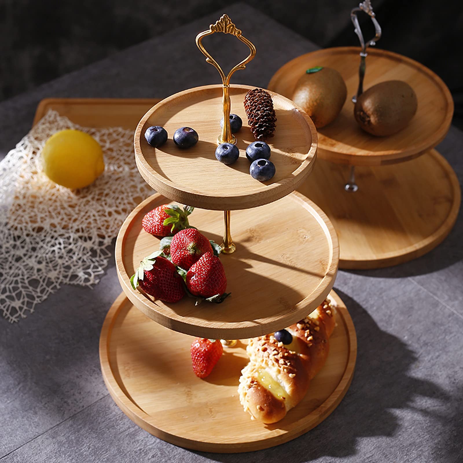 Présentoir à Gâteau 3 couches en bambou gâteau stand Creative Dessert Présentoir Retro Afternoon Tea Dessert Table gâteau de mariage Assiette pâtisserie stand Stand de Gâteaux