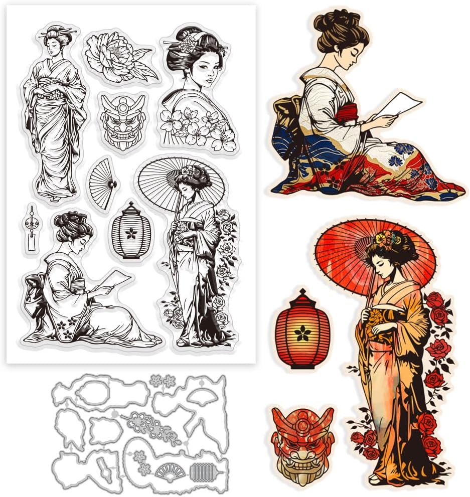 GLOBLELAND Japan Oriental Geisha Clear Stamp and Cutting Dies Set for Card Making Flowers Peony Silicone Clear Stamp Metal Lantern Die Cuts for DIY Scrapbooking Photo Album