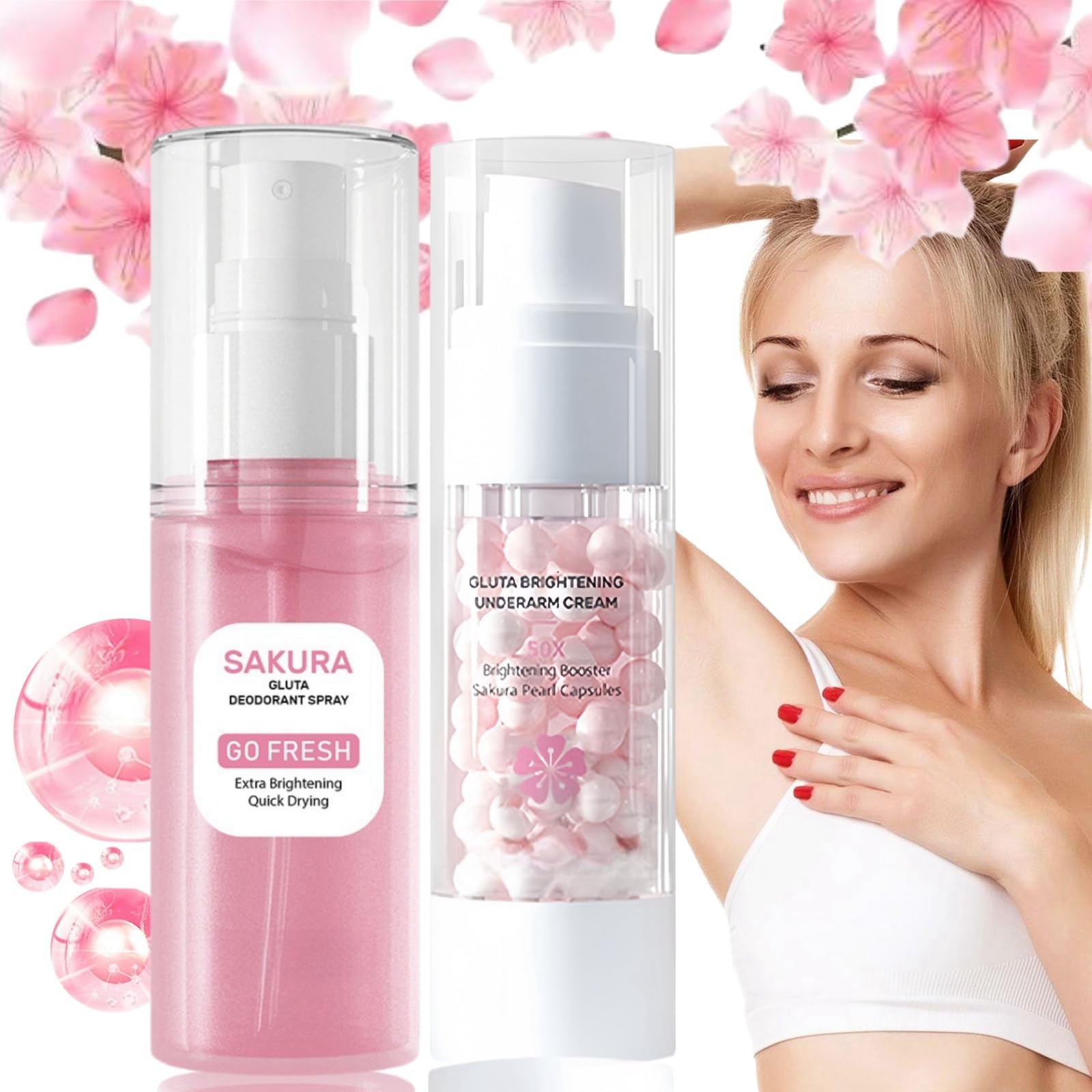 Sakura Gluta Brightening Underarm Deodorant Spray&Brightening Cream,Brightening Booster Pearl Capsules,Sakura Brightening Armpit Cream,Underarm Whitening Cream,Skin Lightening Cream(Capsules+Spray)
