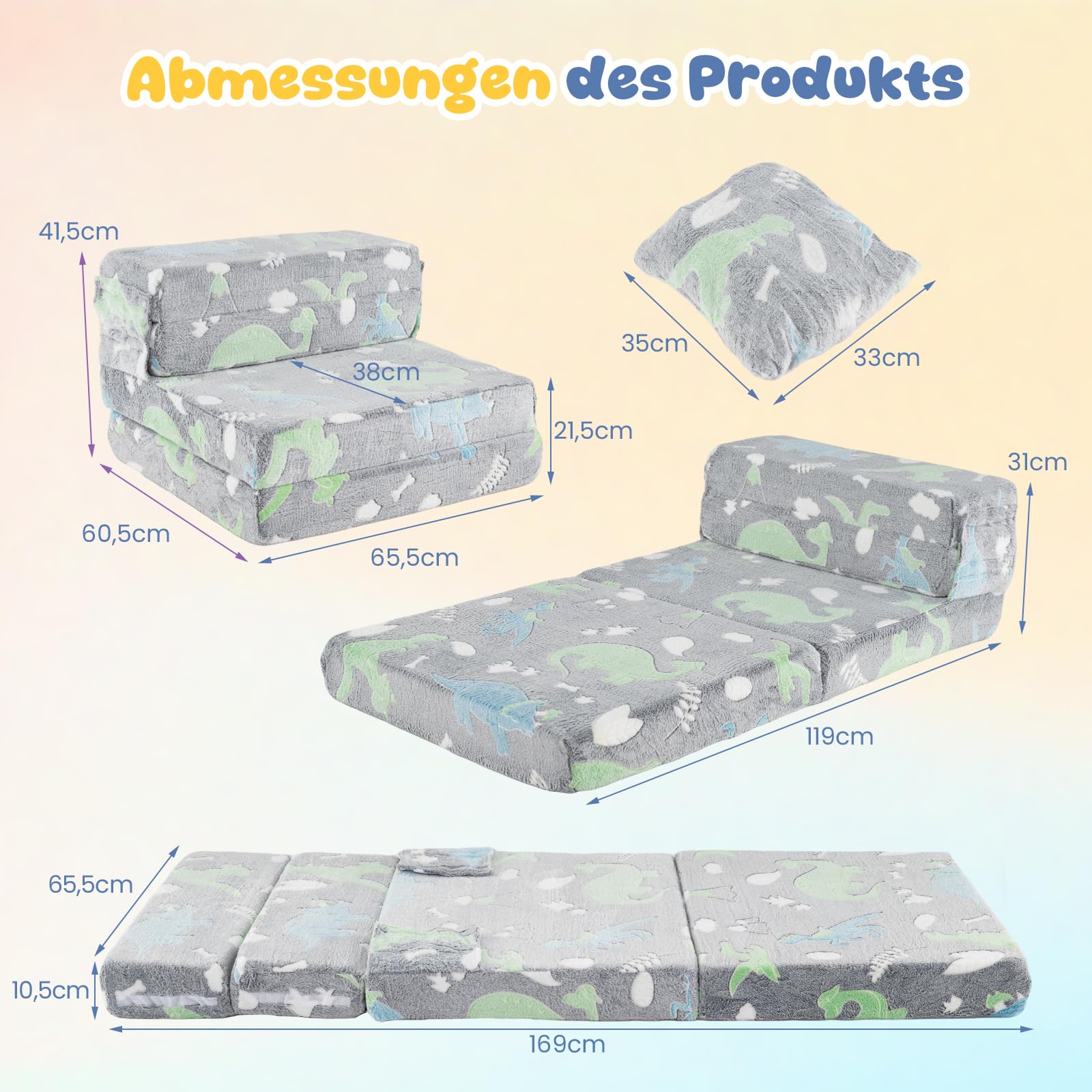 COSTWAY 3 in 1 Kindersofa im Dunkeln Leuchtend, Kindersessel ausklappbar mit Kissen & abnehmbarem Bezug, Kindercouch gepolstert mit Schlaffunktion, Spielsofa umwandelbar für Kinderzimmer (Grau)