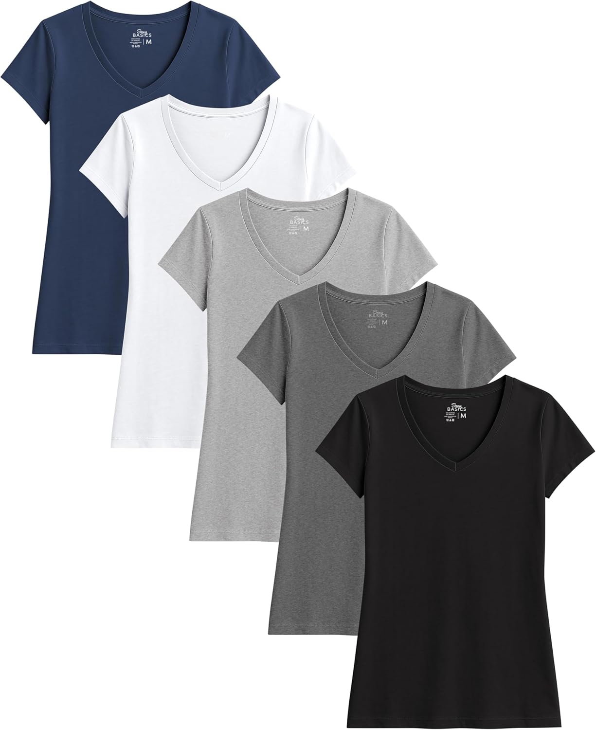 Sexy Basics Womens' Cotton Stretch V Neck Color T Shirts | Casual & Active Basic Short Sleeve Tops | Multi Packs