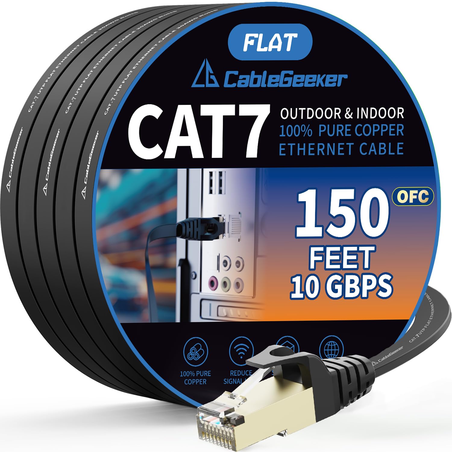 CableGeeker Cat 7 Shielded Ethernet Cable (Highest Speed Cable) Cat7 Flat Ethernet Patch Cables - Internet Cable Modem, Router, LAN, Computer - Compatible Cat 5e，Cat 6 Network … 150ft black