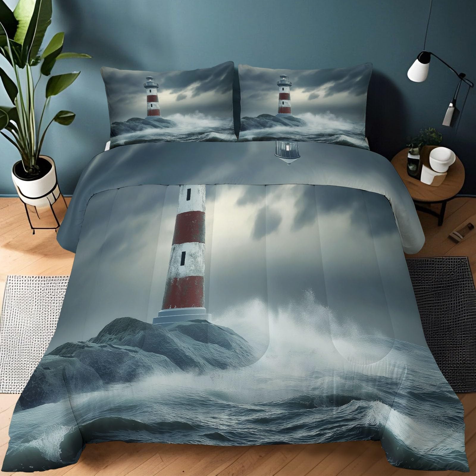 Natürliche Wellen Leuchtturm Ganzjahresdecke, 4 Jahreszeiten Waschbare Bettdecke Ohne Bezug, Wendbare Tagesdecke aus Mikrofaser, beidseitig verwendbar, 135x200 cm, Graublau