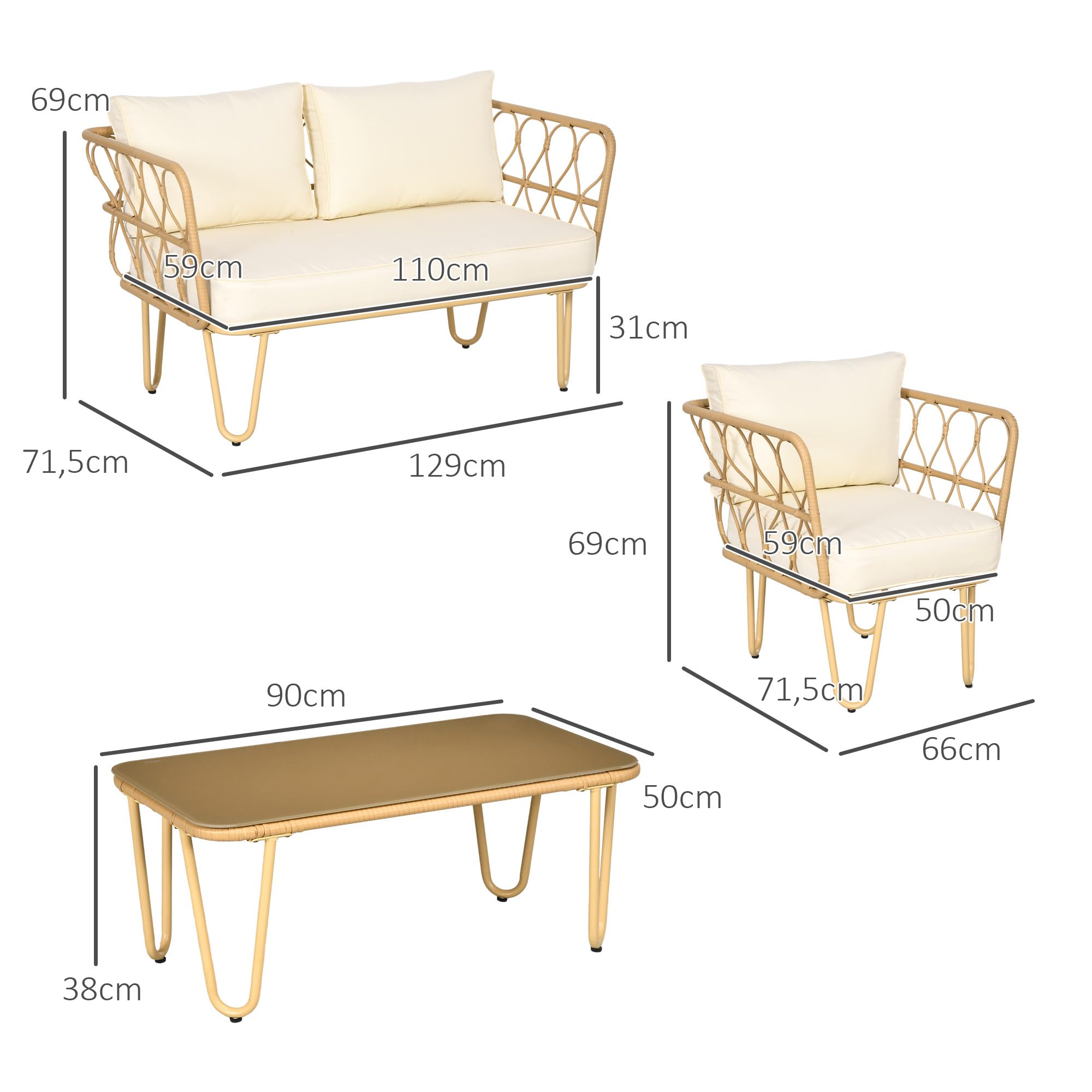 Outsunny Ensemble Salon de Jardin 4 pièces canapé 2 Places + 2 fauteuils + 1 Table Basse Plateau Verre trempé 7 Coussins - Acier et résine tressée - crème