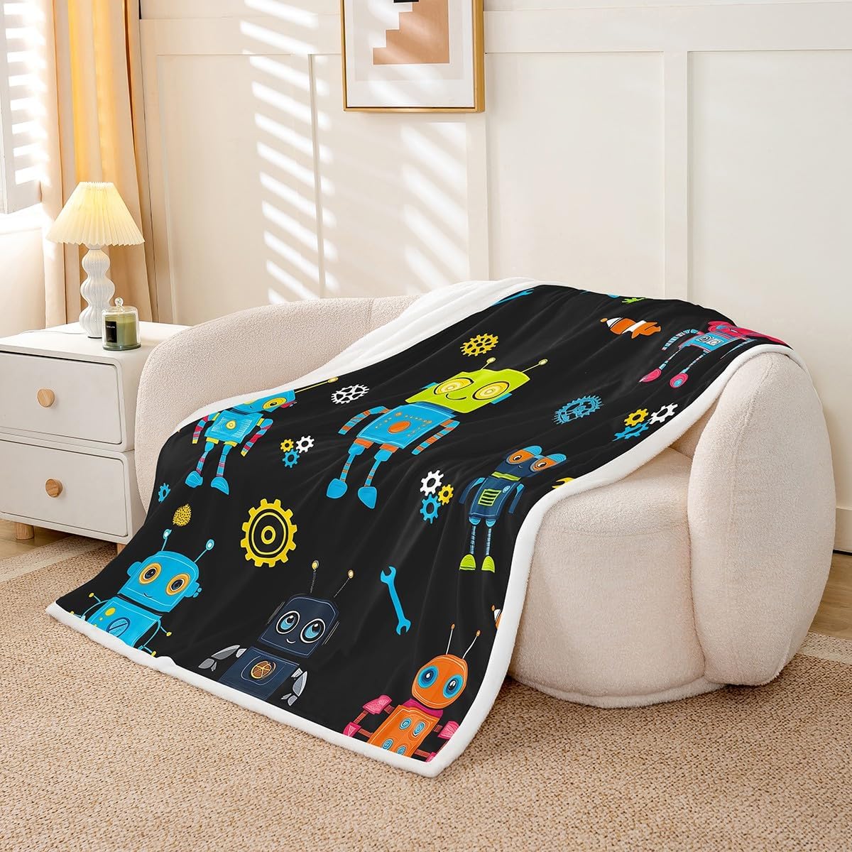 Cute Robot Kids Throw Blanket,Modern Watercolor Intelligent Machine Bed Blanket for Boys Girls,Cartoon Equipments Tools Fleece Blanket,Black Fuzzy Blanket,40 x 50 Inches
