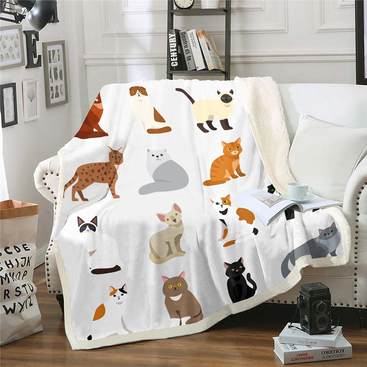 Homemissing Cats Sherpa BlanketCute Cat Animal Fleece Throw Blanket for Kids Boys Girls Pet Cat Breed Plush Blanket Lovely Grey Orange Black Cat for Sofa Bed,King 87x94 Inch