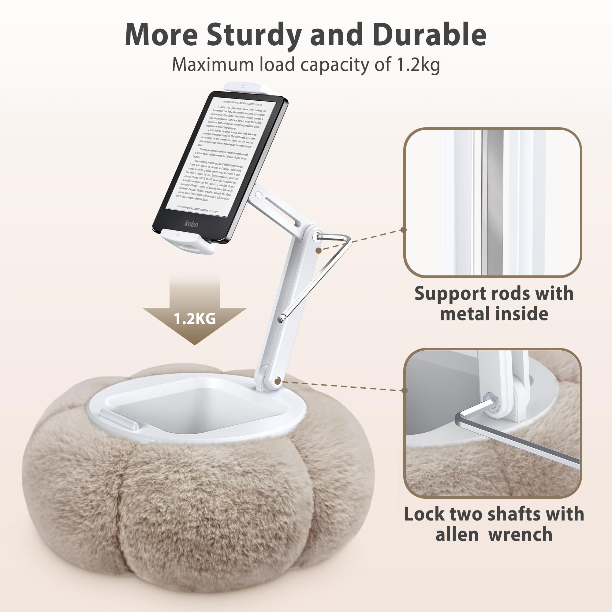 CreaDream Dyniowy uchwyt na poduszkę na tablet Kindle iPad, regulowany stojak na poduszkę na telefon z odpinaną miską na przekąski, kompatybilny z tabletami 11.9 cm-33.0 cm, iPad, iPhone, Samsung Tabs