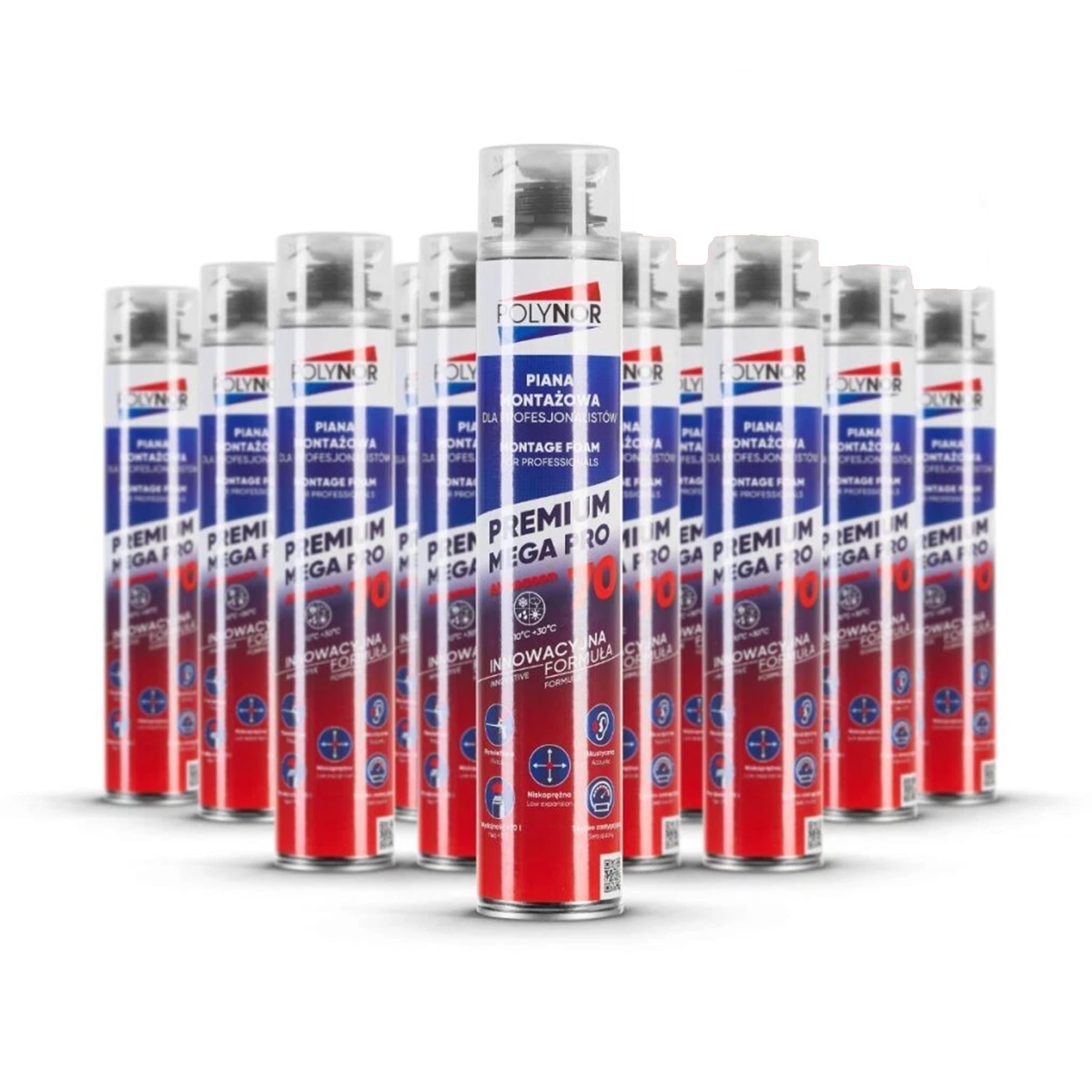 POLYNOR Schiuma di montaggio PREMIUM MEGA PRO 70 - Schiuma di montaggio multistagionale - 12 pezzi - per finestre e porte - Sigillatura di fessure e giunti - PUR 70L - 850 ml