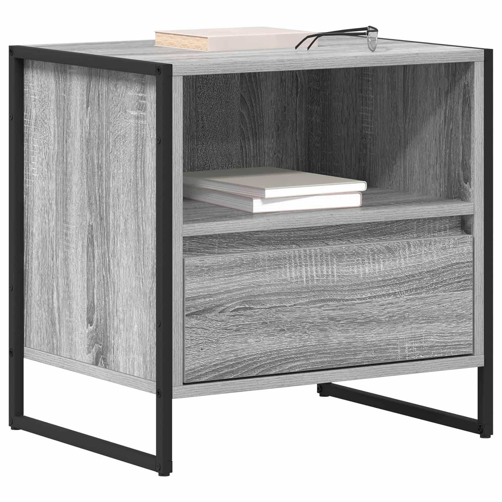 Comodino Sonoma 50 × 39,5 × 50 cm legno con cassetto, gambe in acciaio inox, moderno tavolo laterale per camera da letto e soggiorno