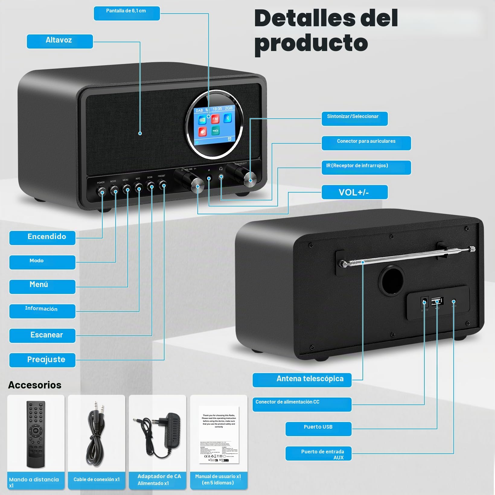 Wholede Radio DAB+/FM con Bluetooth, radio digital de cocina, radio DAB Plus con mando a distancia, radio de cocina, radio despertador con temporizador de alarma, USB/entrada auxiliar, color negro