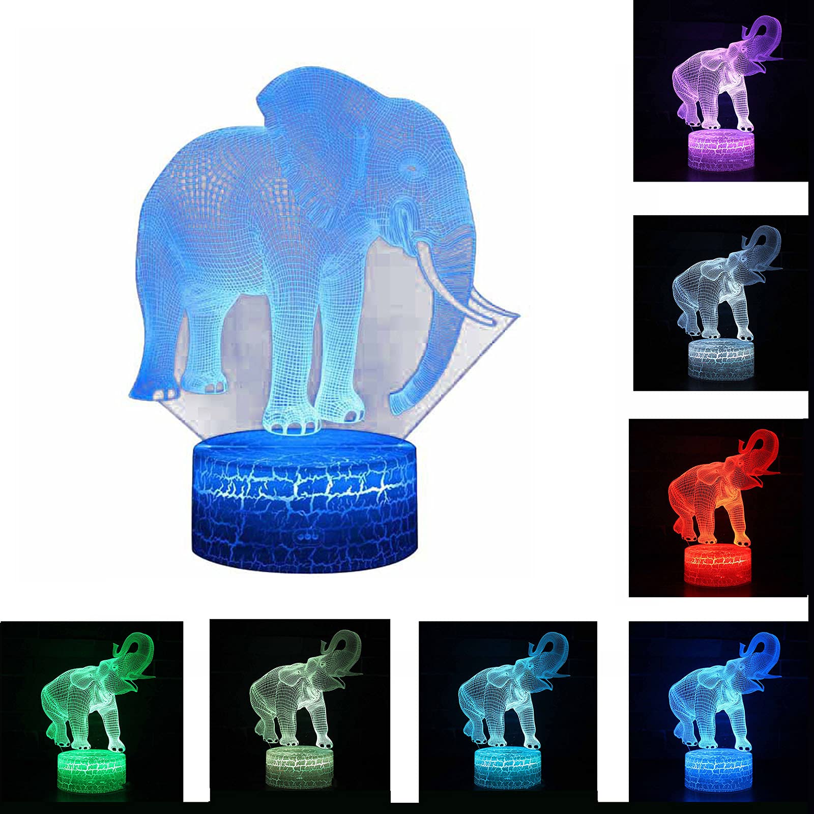 Lampe éléphant LED 16 couleurs et veilleuse 3D effet d'illusion optique pour chambre