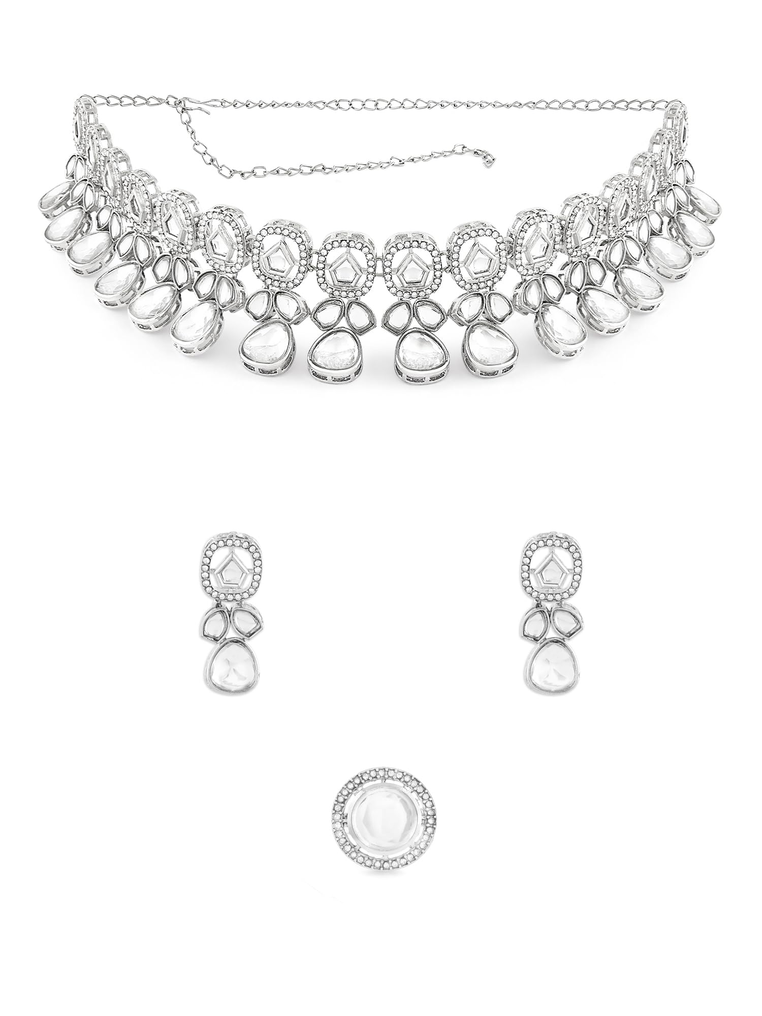 ZAVERI PEARLS Silver Tone Dazzling Stones Austrian Diamonds Embellished Necklace Earring & Ring Set For Women-ZPFK17595 (B0CWV55BSP) Amazon Price History, Amazon Price Tracker
