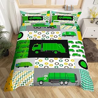 Green Garbage Truck Comforter Cover Powered Waste Management Recycling Trucks Bedding Set Cartoon Garbage Truck Duvet Cover for Kids Boys Girls Car Bedspread Cover Room Decor Bedclothes Full Size