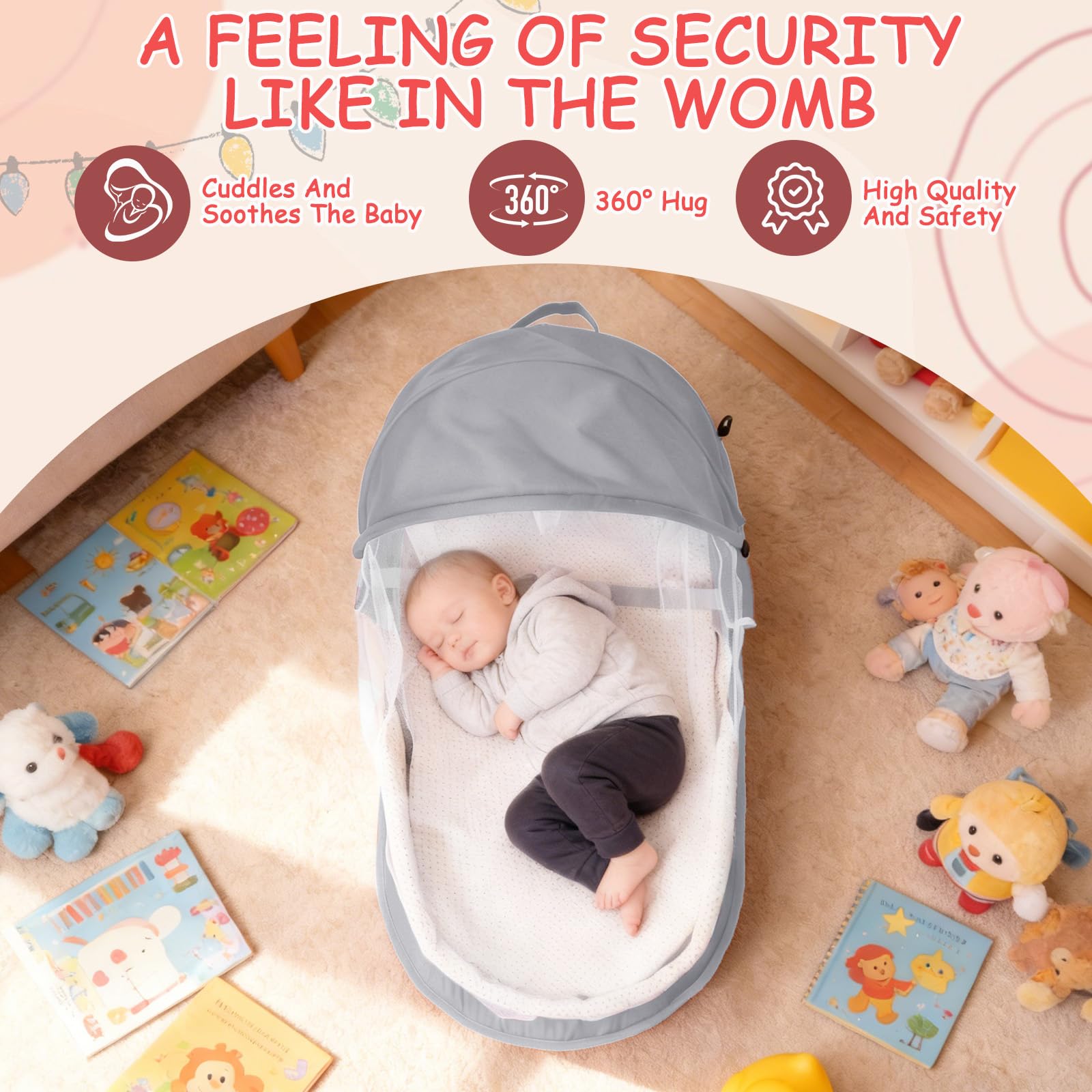 Huracan Nid de bébé pliable avec moustiquaire et couverture, nid de bébé, lit de voyage portable pour bébé en coton respirant, matelas en mousse douce, espace de couchage sûr pour nouveau-nés de 0 à