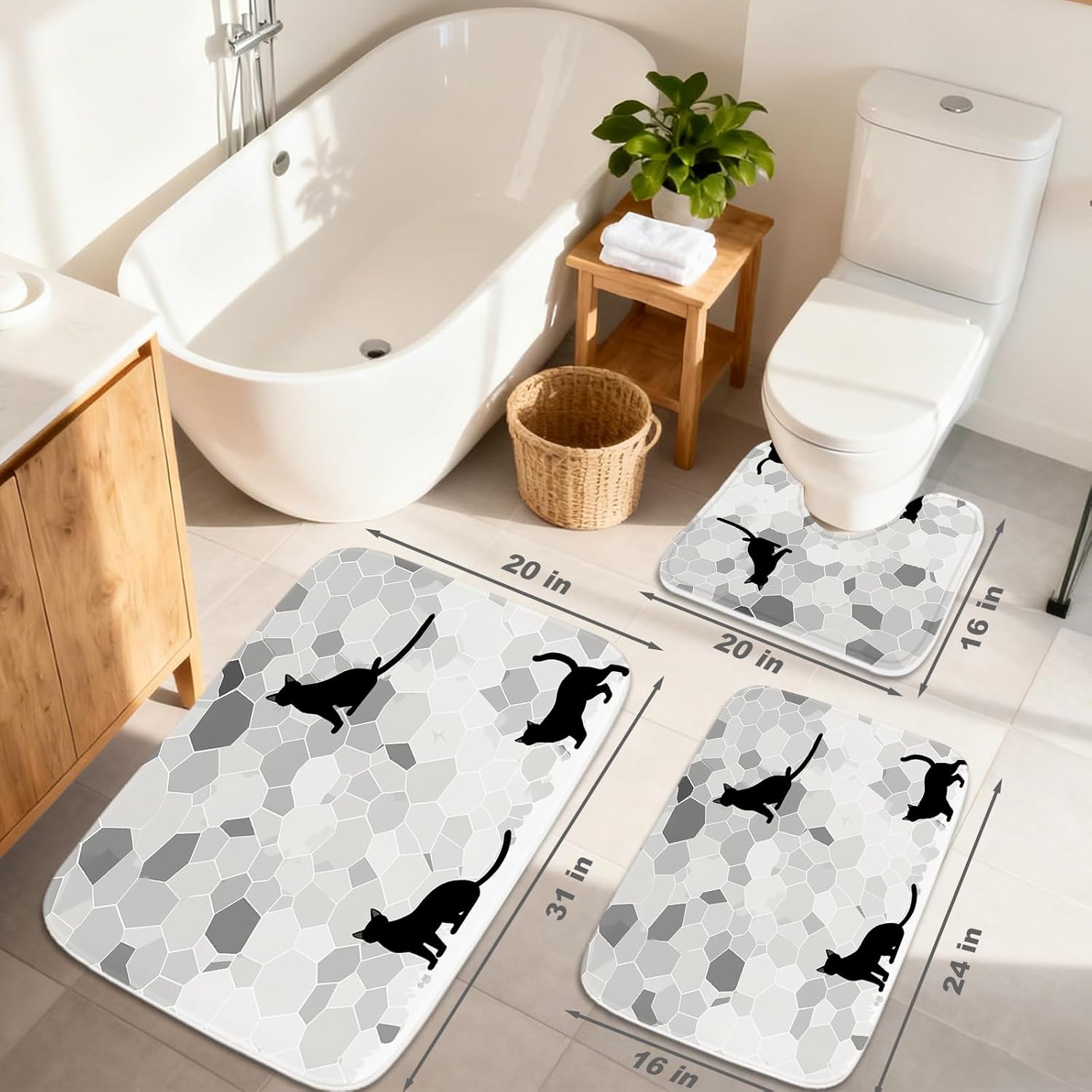 TheBlackSpot Funny Black Cat Bathroom Rugs 20 x 31 Kitten Silhouette Geometric Background Bath Mat 16 x 24 Sets 3 Piece Imitation Cashmere Anti Slip Mats U-Shaped Contour Shower Mat