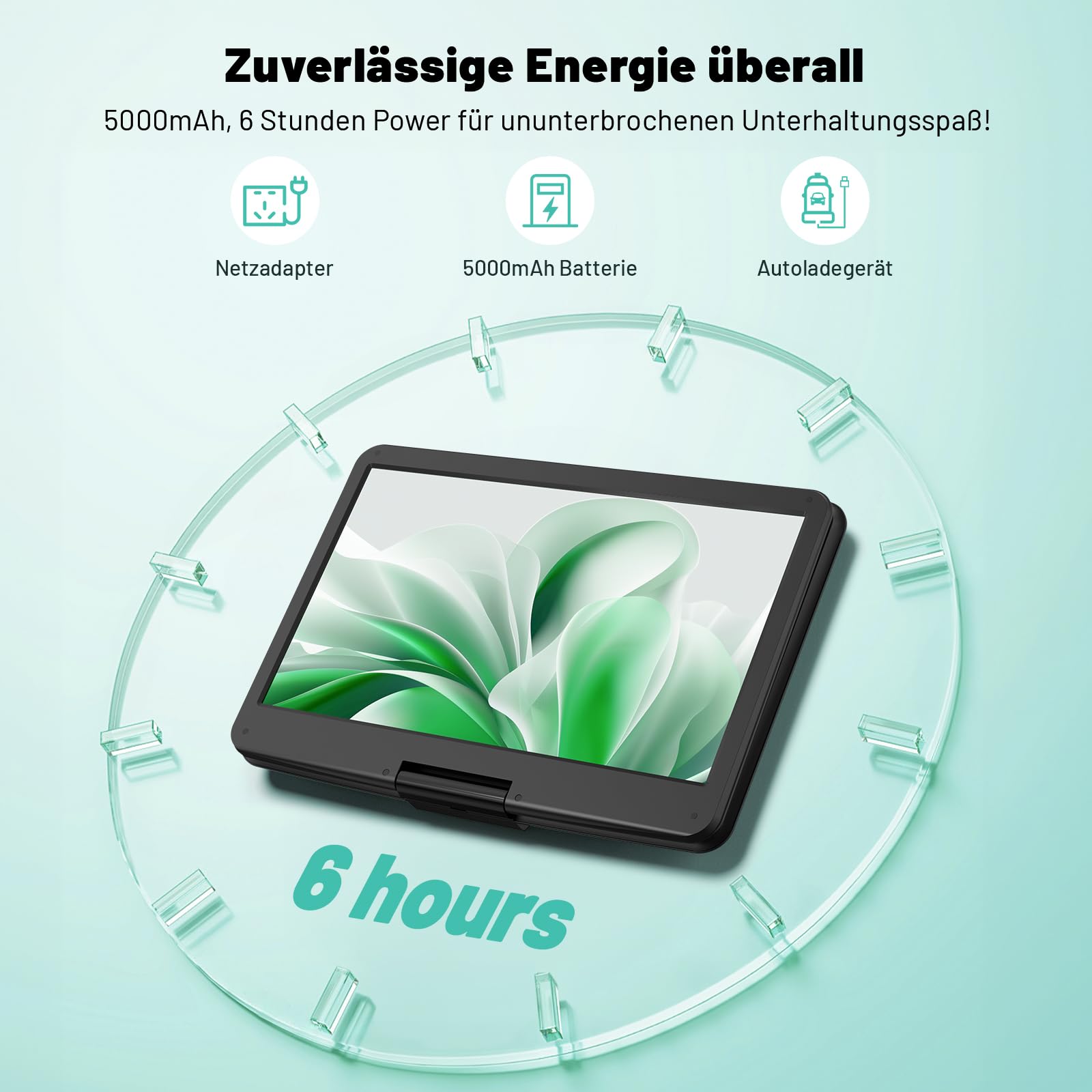POFOTO 17,5'' Tragbarer DVD-Player mit 15,6'' Drehbarem HD-Display, 6h Akkulaufzeit, Unterstützt Mehrere Formate/SD/USB, TV/Projektor-Sync, Stoßfest & Speicherfunktion, Stereo-Lautsprecher (Schwarz)