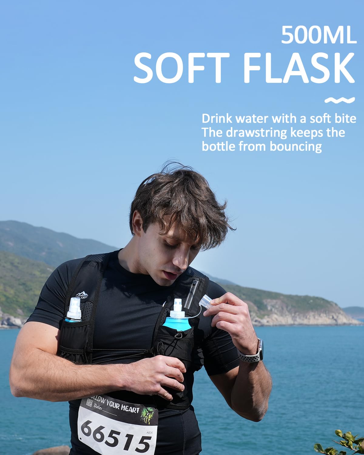 Zelvot Chaleco para correr para hombre y mujer con botella de agua de 500 ml, patente original europea, correas de pecho ajustables, ultraligero y transpirable, chaleco reflectante para correr, para