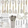 Silicone Kitchen Utensils Set, 46 pcs Cooking Utensils Set-Silicone Spatula Set-Kitchen Gadgets and Tools with Holder-Wooden Handle Silicone Kitchen Utensils with Tongs, Grater Khaki