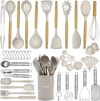 Silicone Kitchen Utensils Set, 46 pcs Cooking Utensils Set-Silicone Spatula Set- Kitchen Gadgets and Tools with Holder-Wooden Handle Silicone Kitchen Utensil with Tongs,Grater Khaki