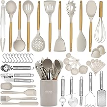Silicone Kitchen Utensils Set, 46 pcs Cooking Utensils Set-Silicone Spatula Set-Kitchen Gadgets and Tools with Holder-Wooden Handle Silicone Kitchen Utensils with Tongs, Grater Khaki