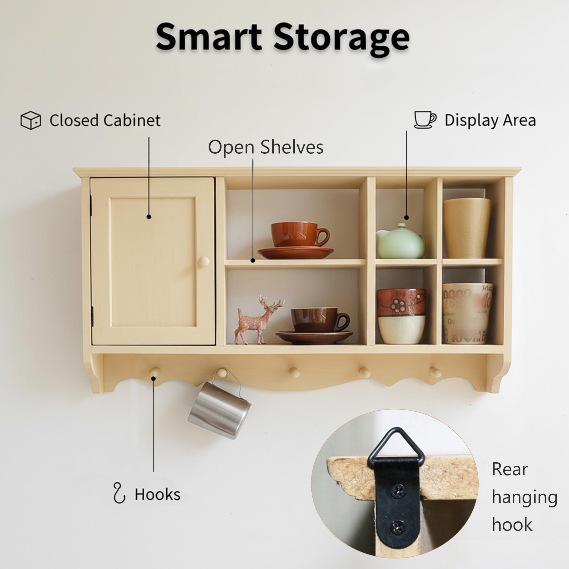 Wandregal aus Holz mit mehreren Schlitzen, platzsparender Hängeschrank mit Türen und 5 Hoo schwebendem Sto Rack für Wohnzimmer, Schlafzimmer, Küche, Dekor (Holz 1)
