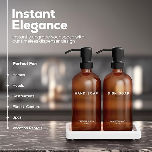 Miniatura 2 de Brighter Barns - Dispensador de jabón para manos y platos de vidrio ámbar - Juego de dispensador de jabón de cocina con bandeja para cocina, Airbnb,