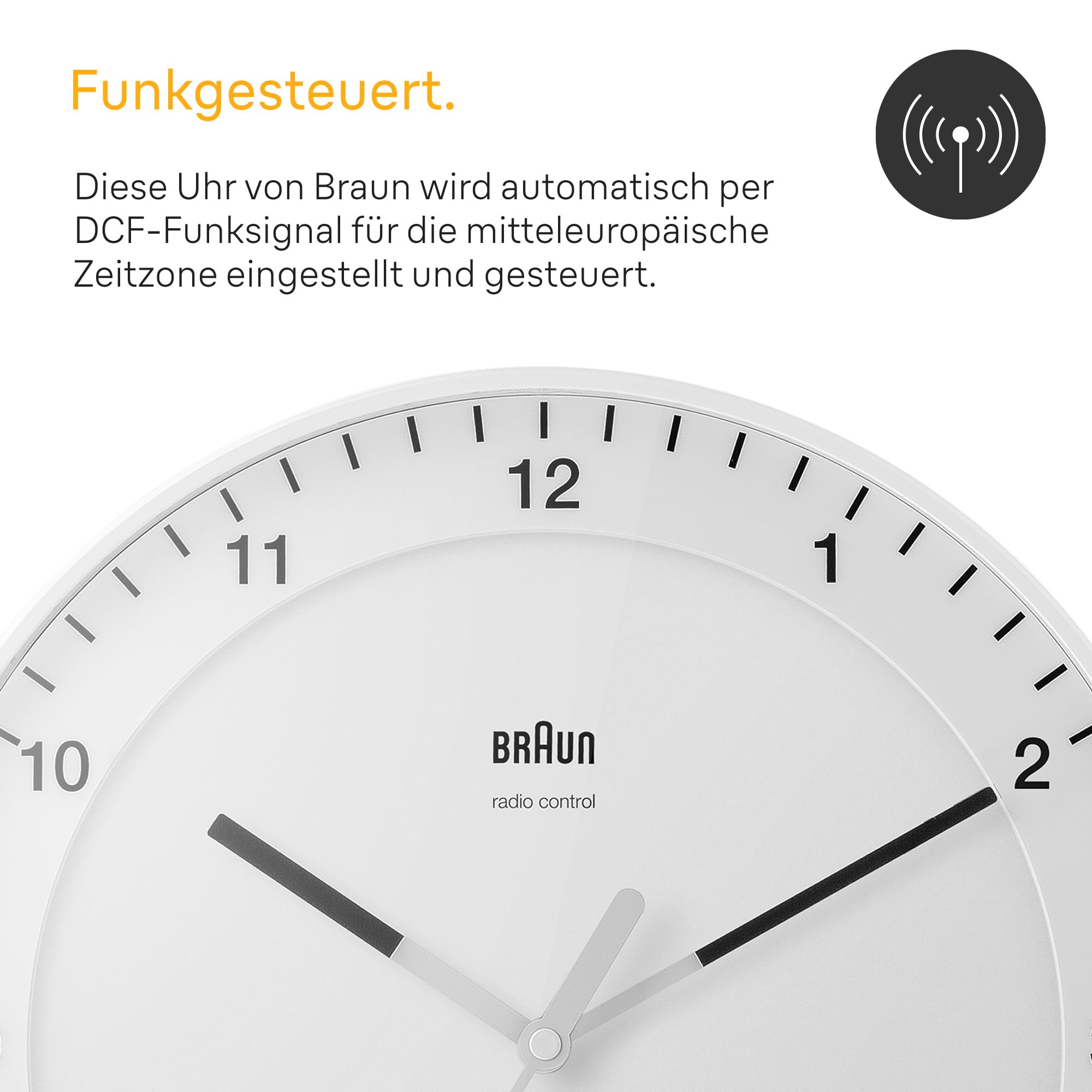 Braun Klassische große Funkwanduhr Mitteleuropäische Zeitzone (MEZ/GMT+1) mit leisem Uhrwerk, leicht lesbarem Zifferblatt, 30cm Durchmesser, weißes Modell BC17W-DCF.