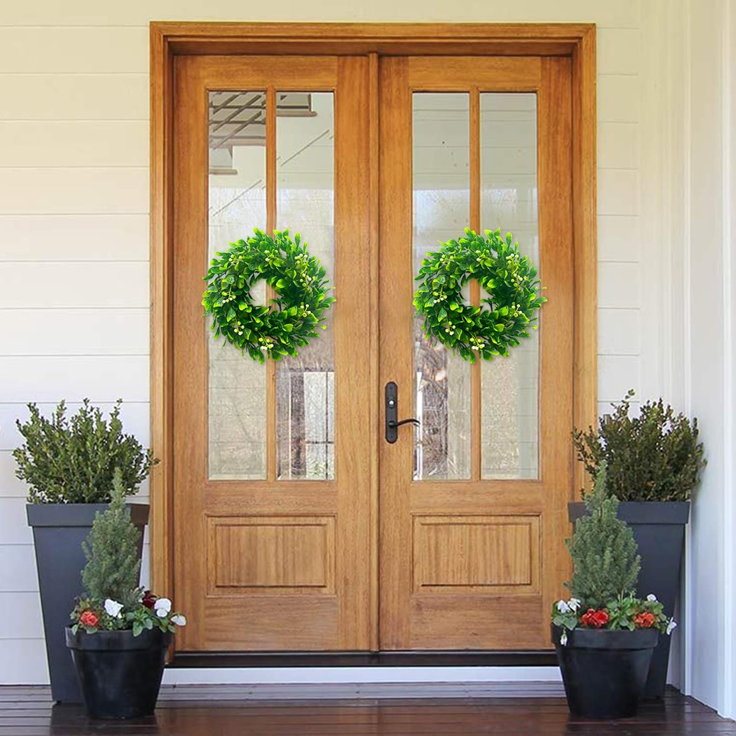 TURNMEON 2 Pack 11" Boxwood Wreath for Front Door Decor, Artificial Green Leaf Wreath with White Berries for Farmhouse Door Window Wall Porch Spring Summer Home Decorations