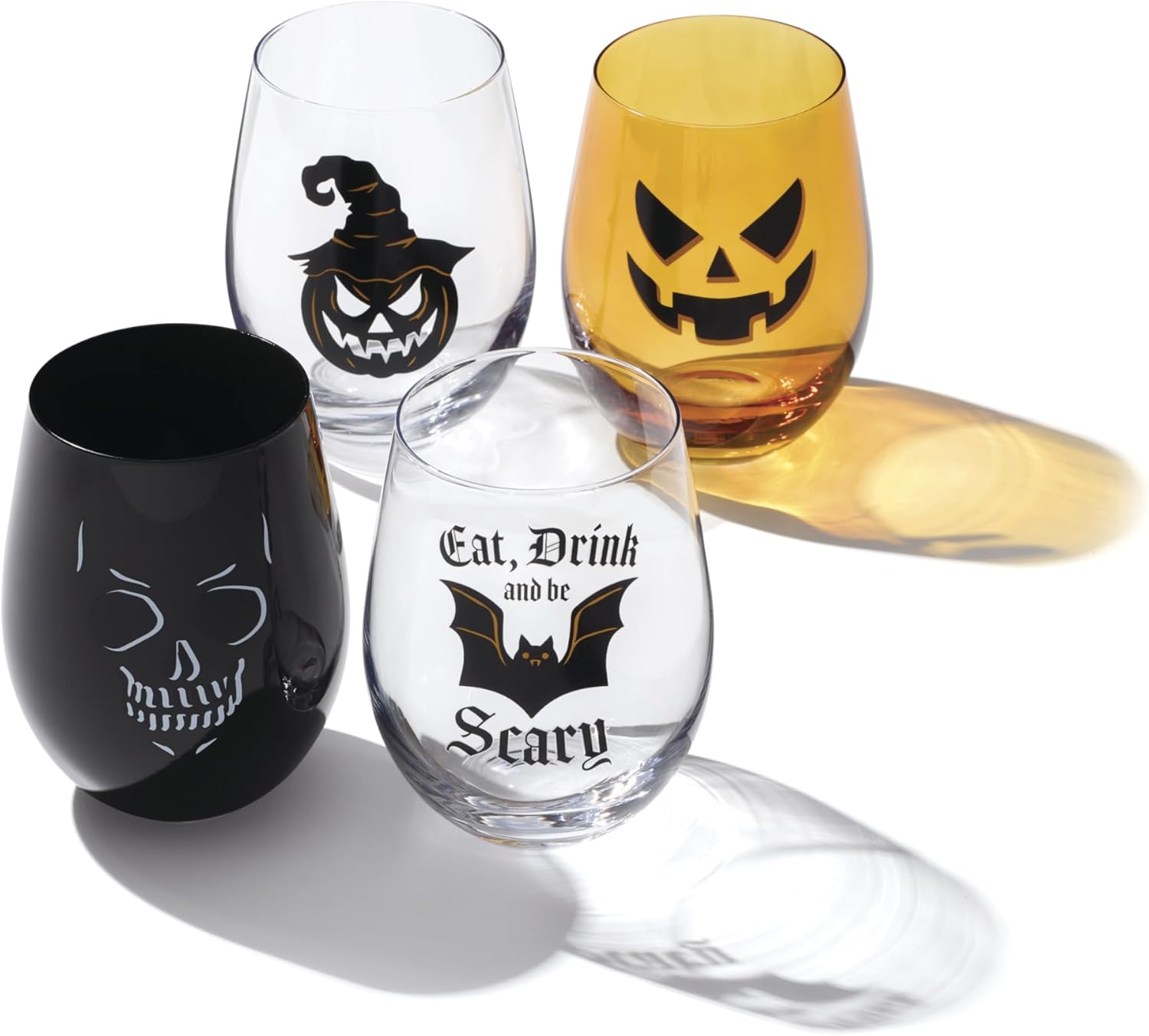 Oneida Barware, Vintro Halloween Stemless Wine Glasses, Set of 4, Dishwasher Safe, Made of Glass, Spooky Drinking Glasses Set, Halloween Decor Indoor, Skeletons and Bats as Design (4 Piece, 18 Oz) - Image 2