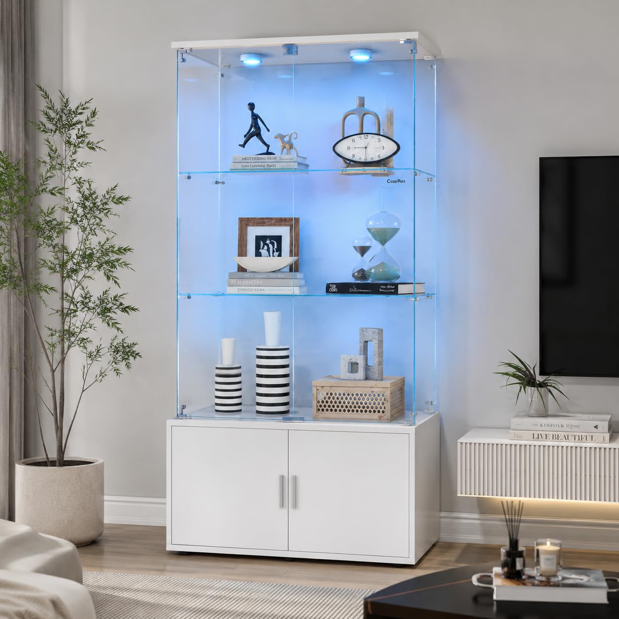 Glass Display Stand with LED Lighting, Standing Display Cabinet with 4 Doors and 3 Shelves, Display Case for Glass Collections, Storage Cabinet for Living Room Office 79 x 35 x 164 cm (4 Doors 3 Tiers