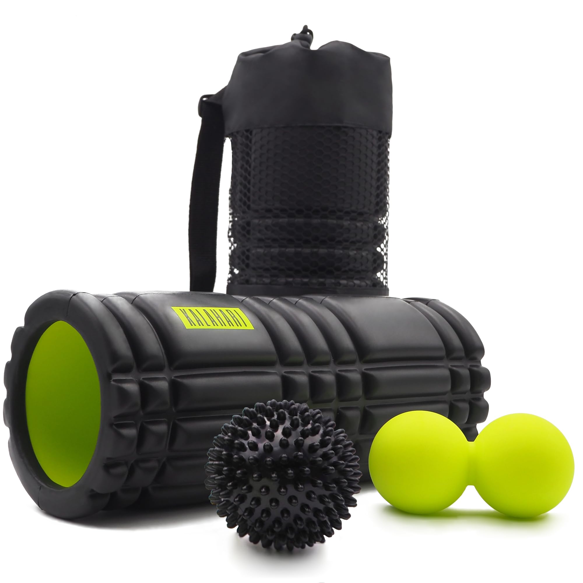 KALAHARI Foam Roller Set, 3 in 1 più eBook esercizi, Rullo massaggio muscolare, Palla Doppia e Riccio per Mobilità, Recupero muscolare, Trigger Point e Stretching - Roller Pilates, Yoga e Fitness Nero